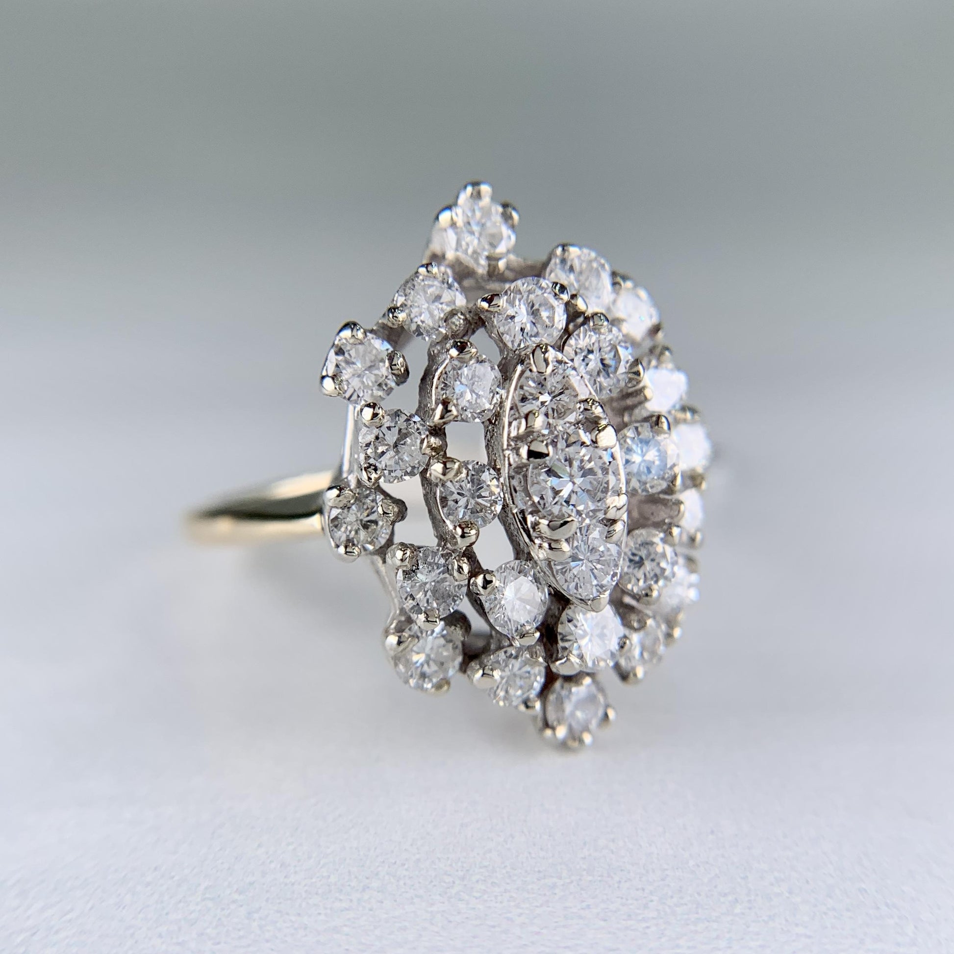 1980's Vintage Diamond Cluster Statement Ring 14k White and Yellow Gold