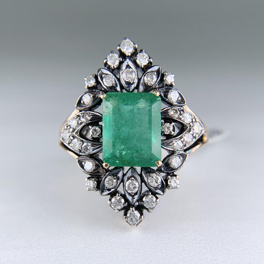 Vintage Lab Grown Emerald and Diamond Ring Silver and 14k Yellow Gold