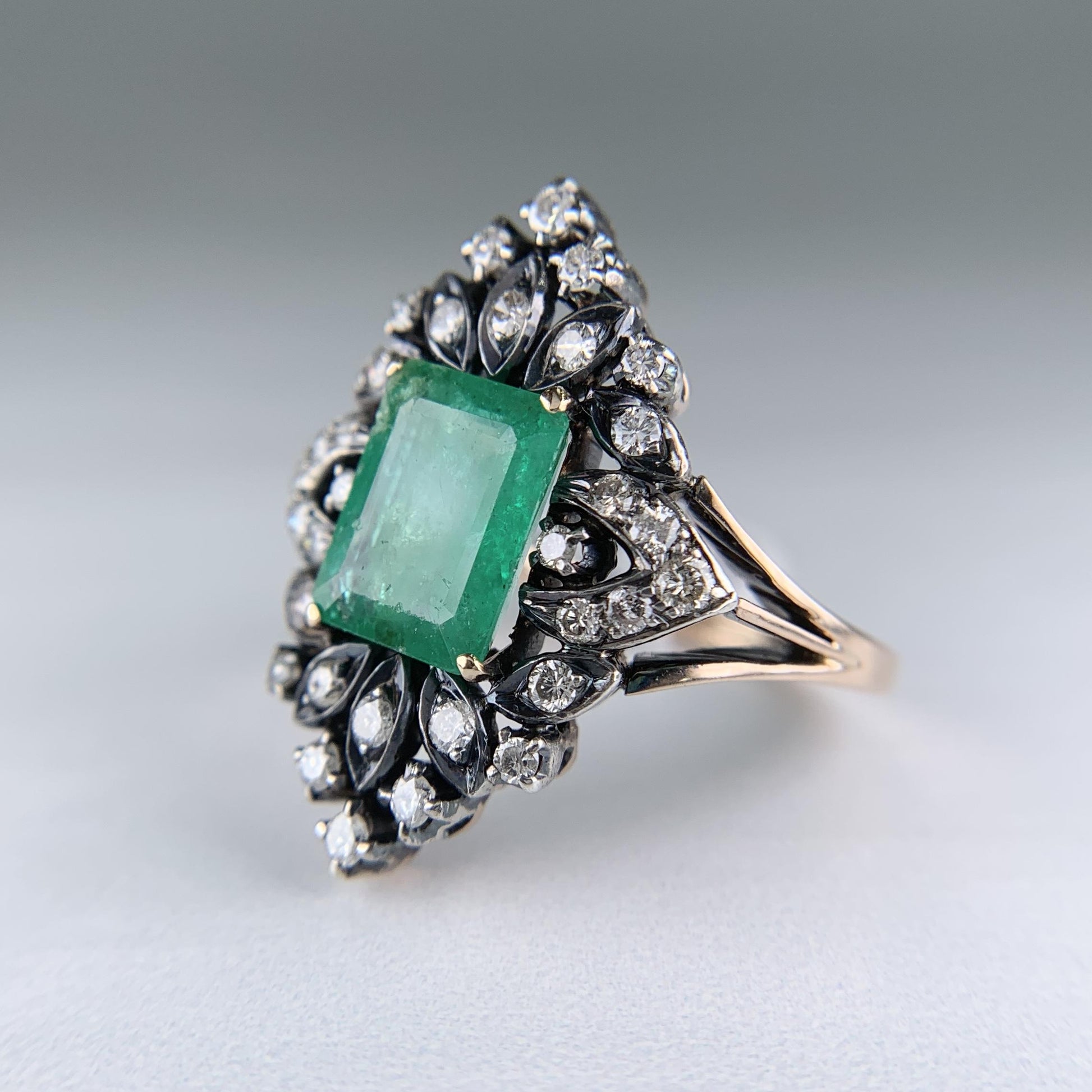 Vintage Lab Grown Emerald and Diamond Ring Silver and 14k Yellow Gold