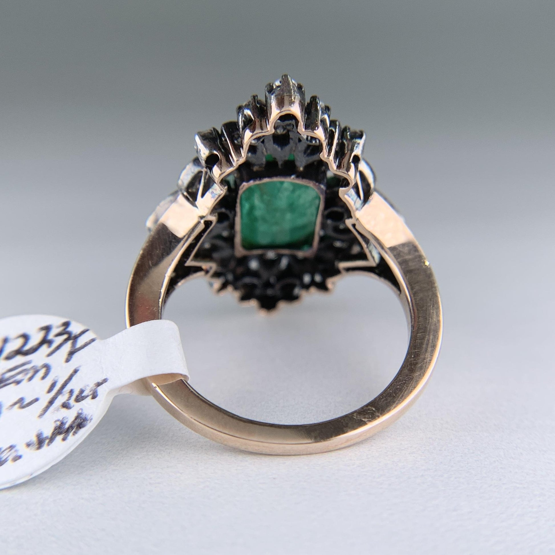Vintage Lab Grown Emerald and Diamond Ring Silver and 14k Yellow Gold