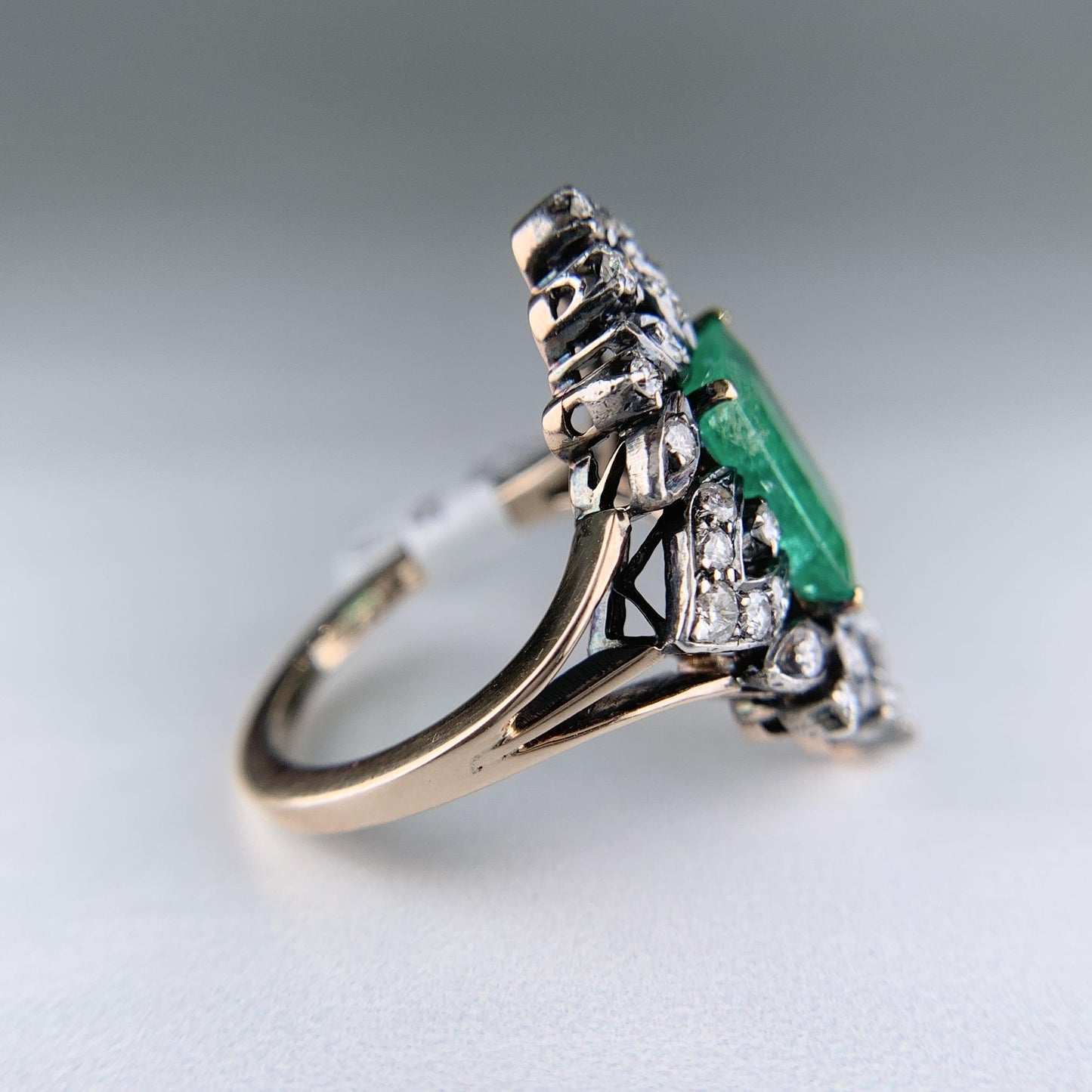 Vintage Lab Grown Emerald and Diamond Ring Silver and 14k Yellow Gold