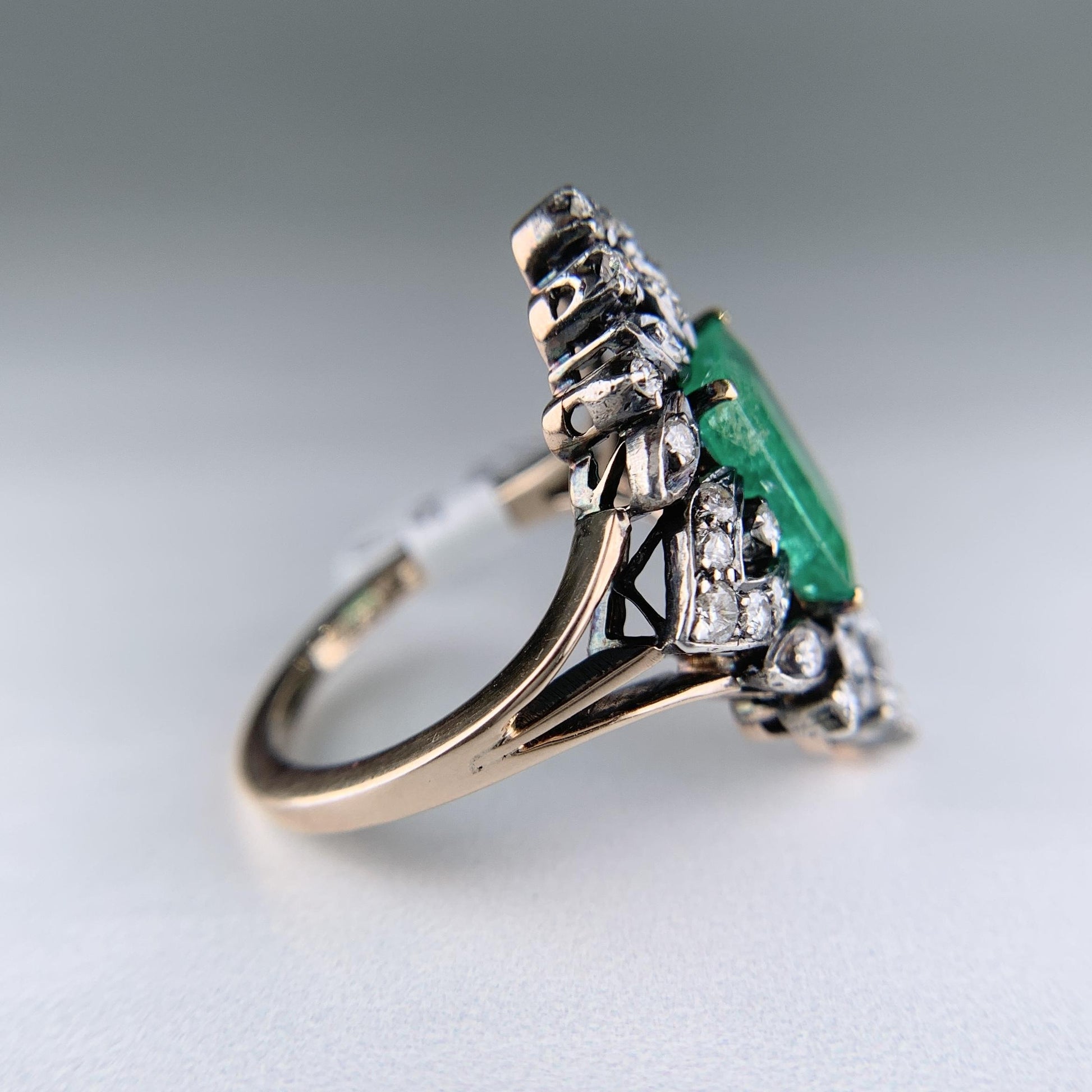 Vintage Lab Grown Emerald and Diamond Ring Silver and 14k Yellow Gold
