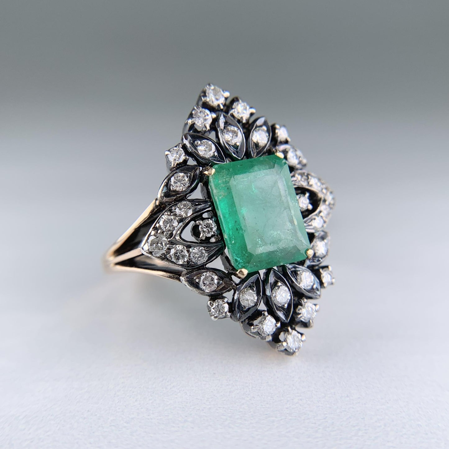 Vintage Lab Grown Emerald and Diamond Ring Silver and 14k Yellow Gold