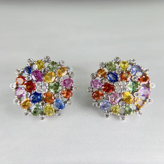 Multi-Color Sapphire and Diamond Cluster Earrings 18k White Gold