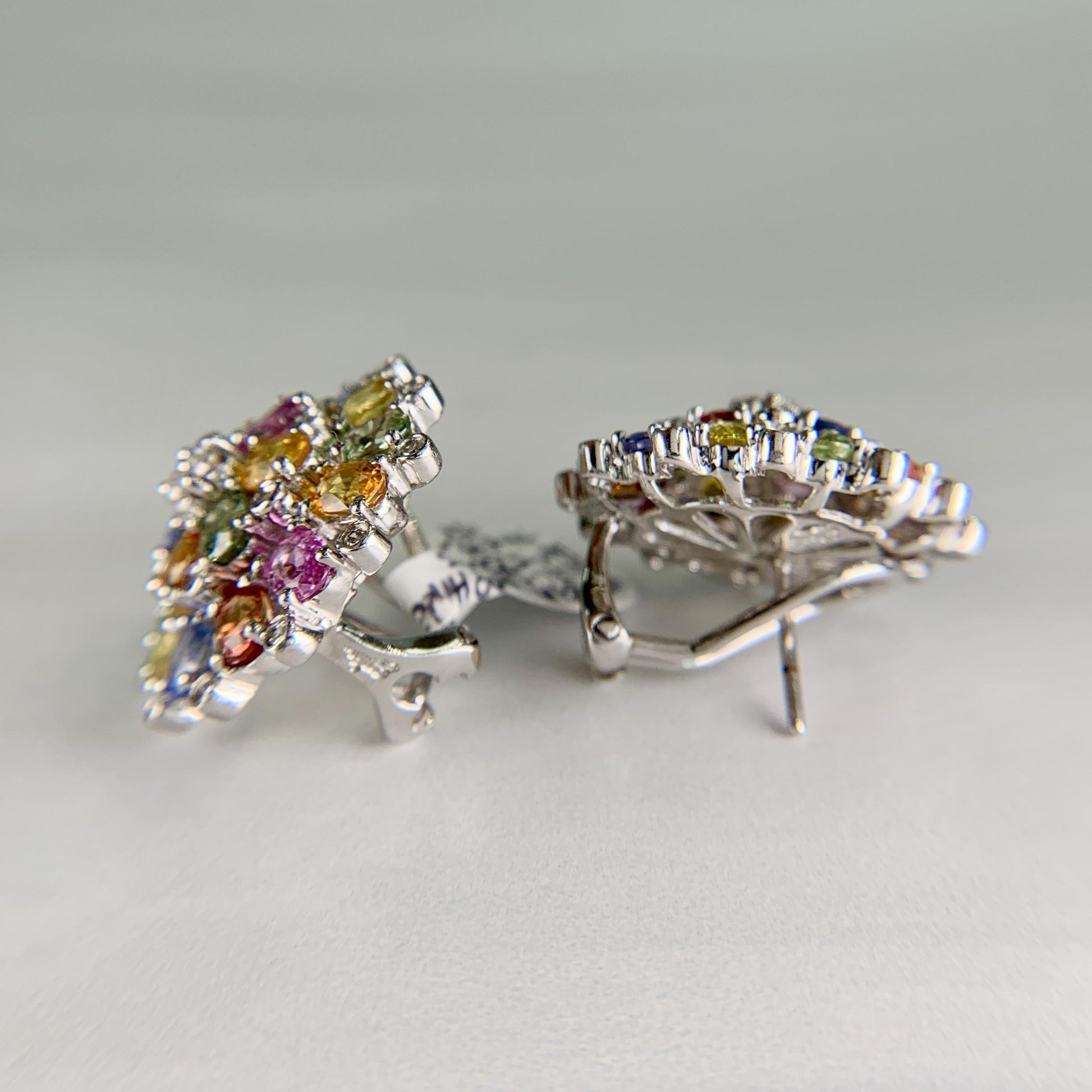 Multi-Color Sapphire and Diamond Cluster Earrings 18k White Gold