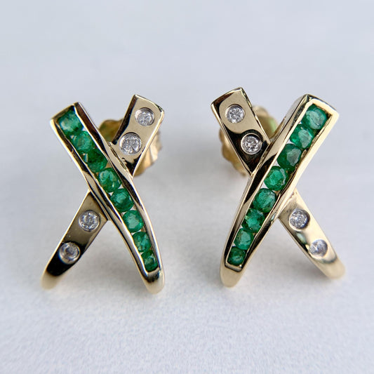 Emerald and Diamond "X" Earrings 14k Yellow Gold