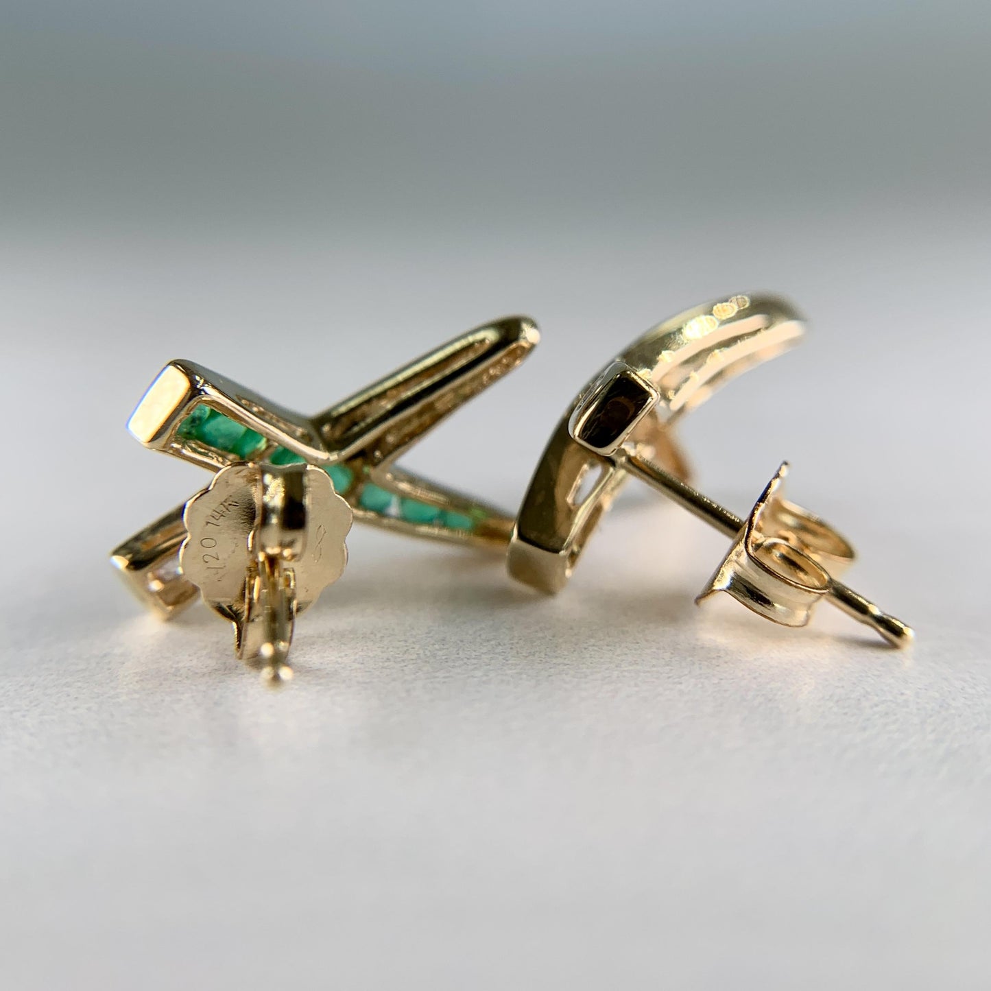 Emerald and Diamond "X" Earrings 14k Yellow Gold