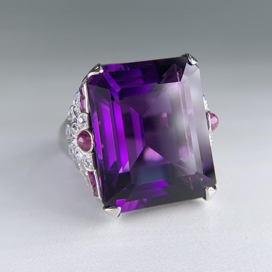 1950's Retro Amethyst, Ruby and Old Mine Cut Diamond Statement Ring Palladium