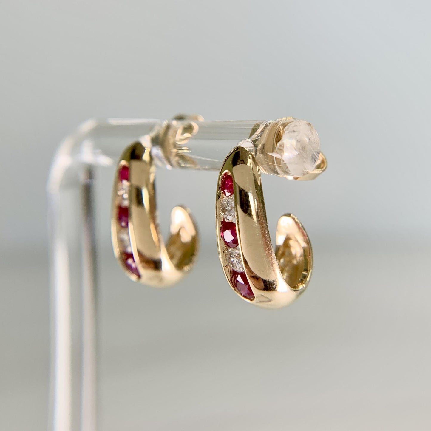 Ruby and Diamond J Shaped Hoop Huggie Earrings 14k Yellow Gold