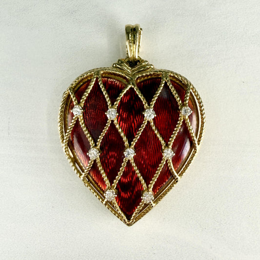 Vintage Red Guilloché Enamel Diamond Locket 18k Yellow Gold