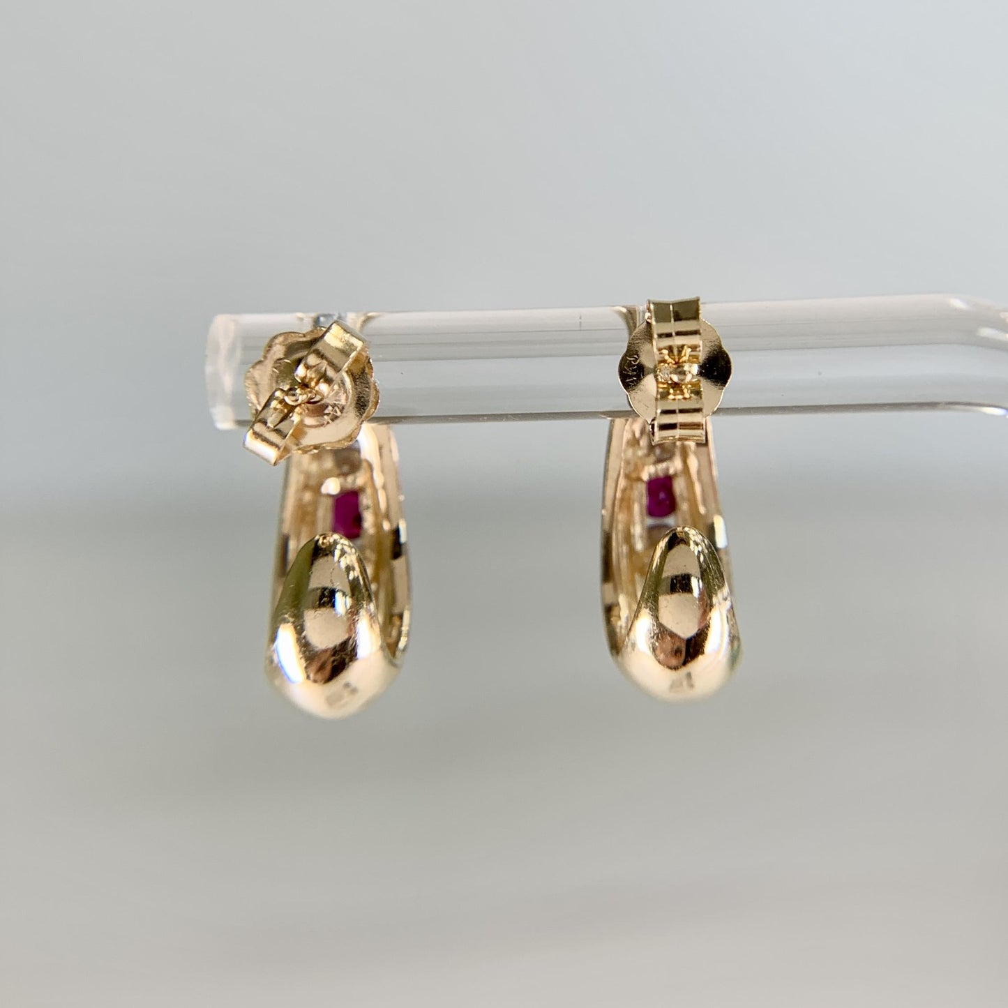Ruby and Diamond J Shaped Hoop Huggie Earrings 14k Yellow Gold