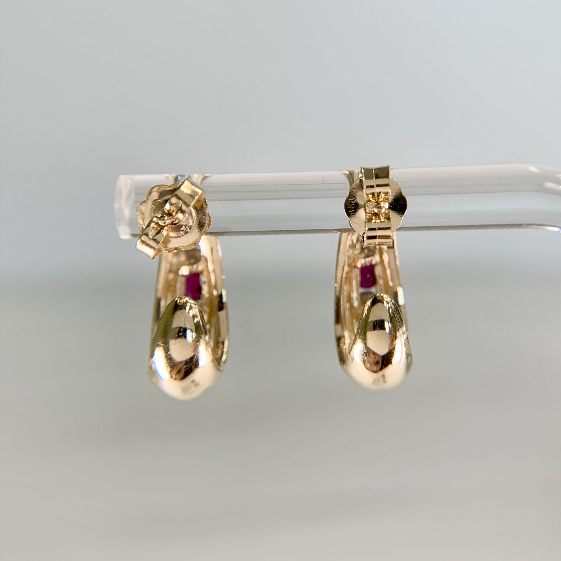 Ruby and Diamond J Shaped Hoop Huggie Earrings 14k Yellow Gold