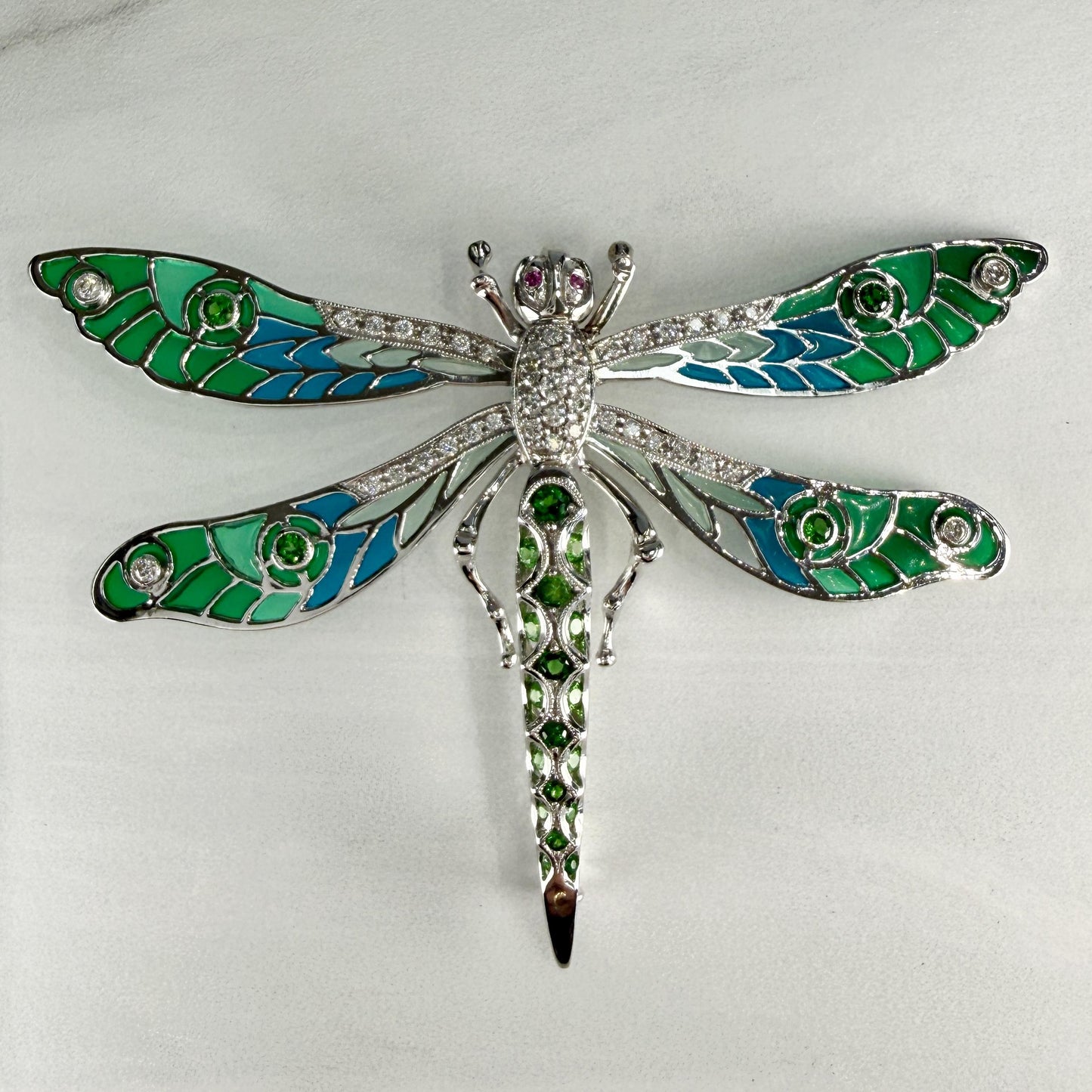 Dragonfly Brooch with Tsavorite and Diamonds and Rubies 18k White Gold