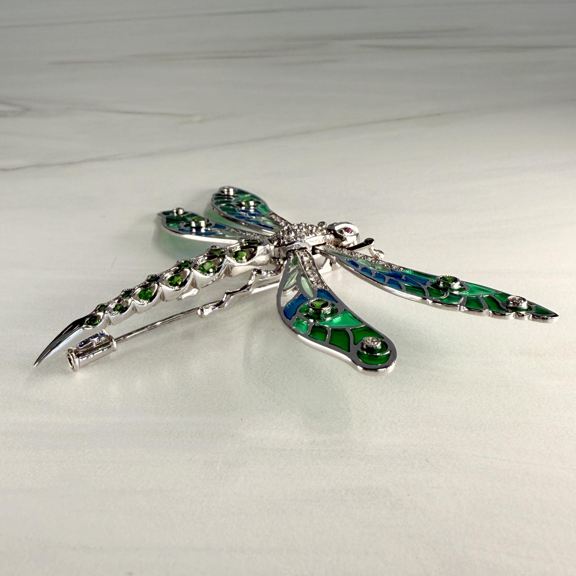 Dragonfly Brooch with Tsavorite and Diamonds and Rubies 18k White Gold
