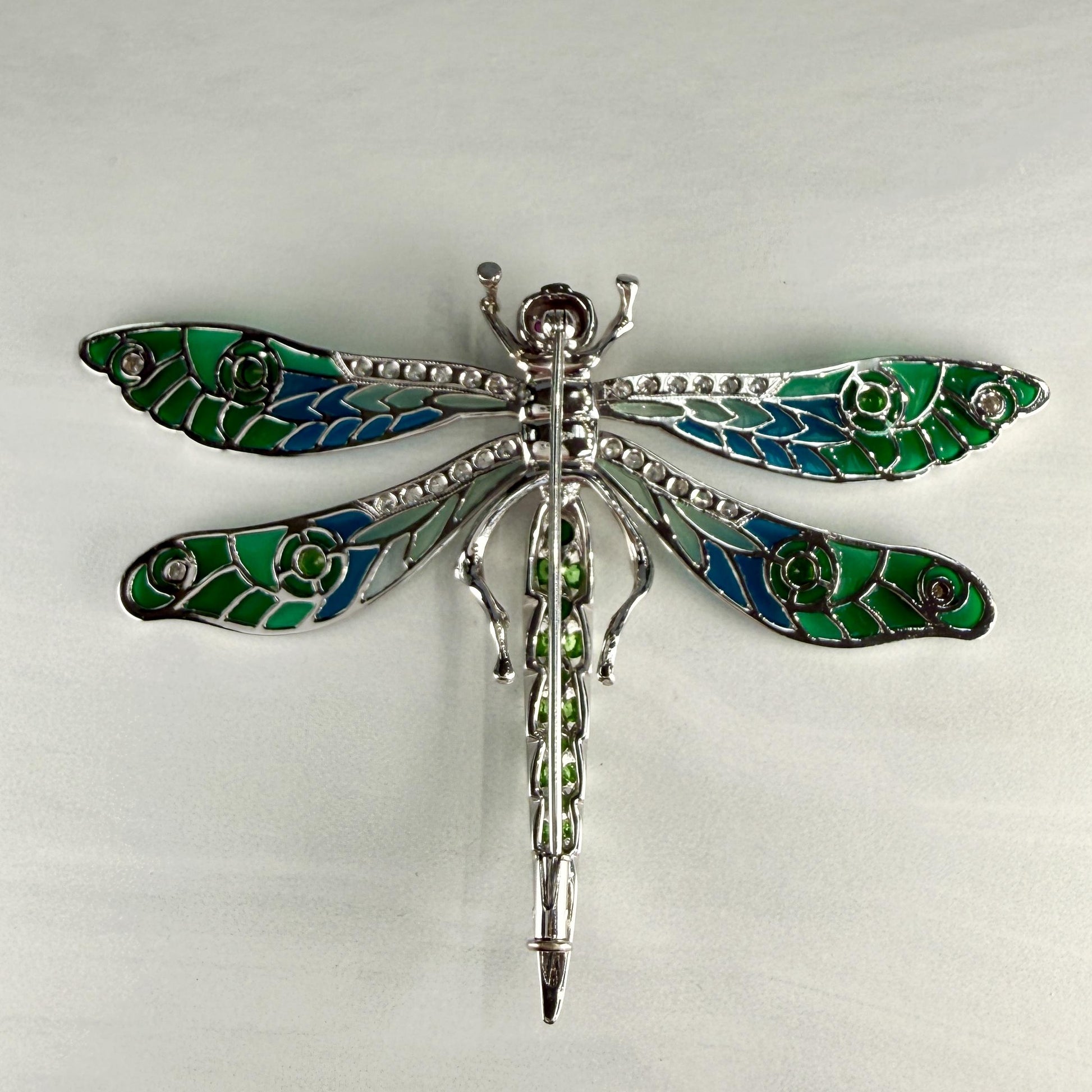 Dragonfly Brooch with Tsavorite and Diamonds and Rubies 18k White Gold