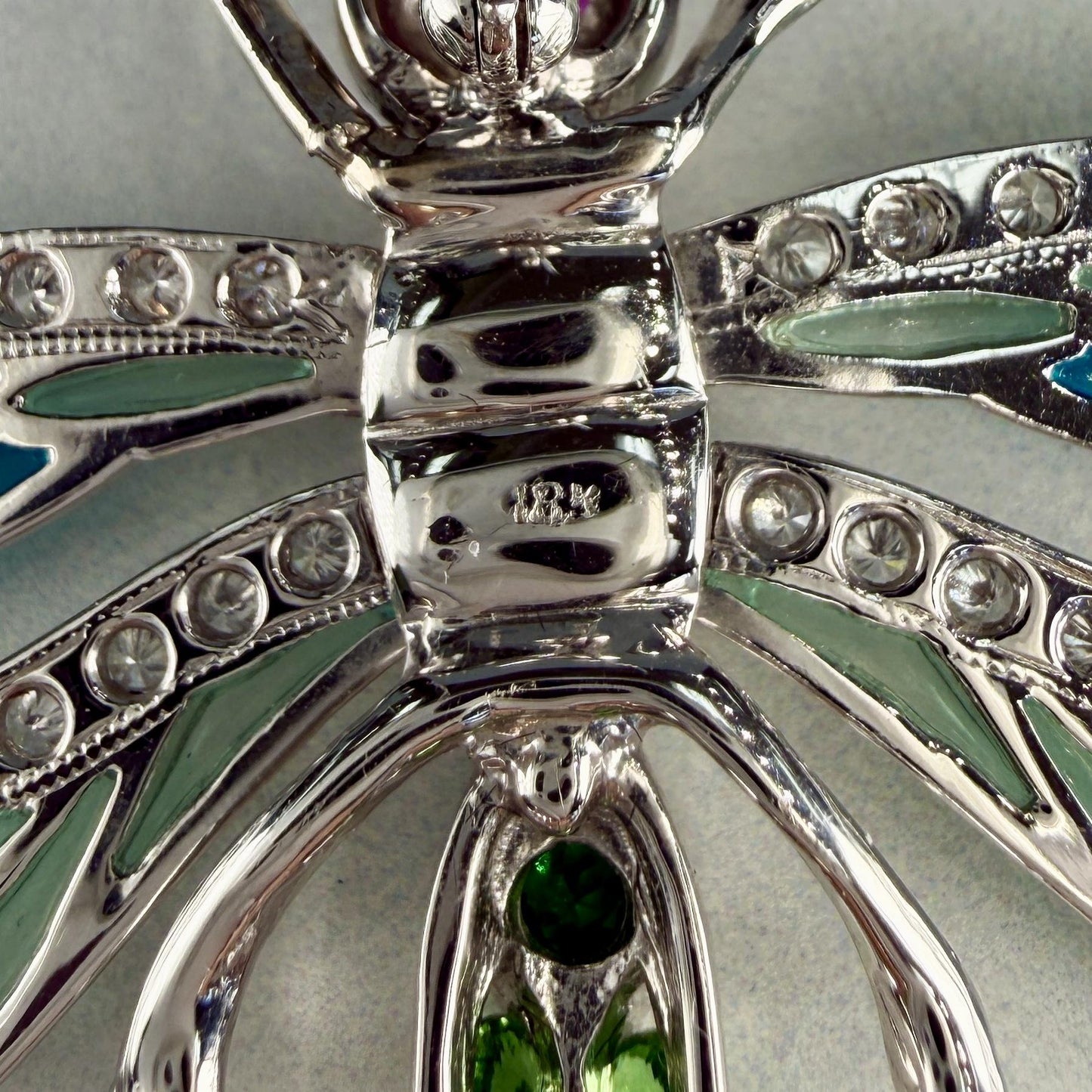 Dragonfly Brooch with Tsavorite and Diamonds and Rubies 18k White Gold