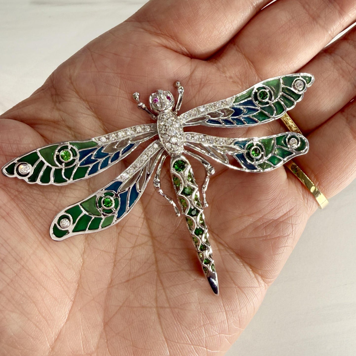 Dragonfly Brooch with Tsavorite and Diamonds and Rubies 18k White Gold