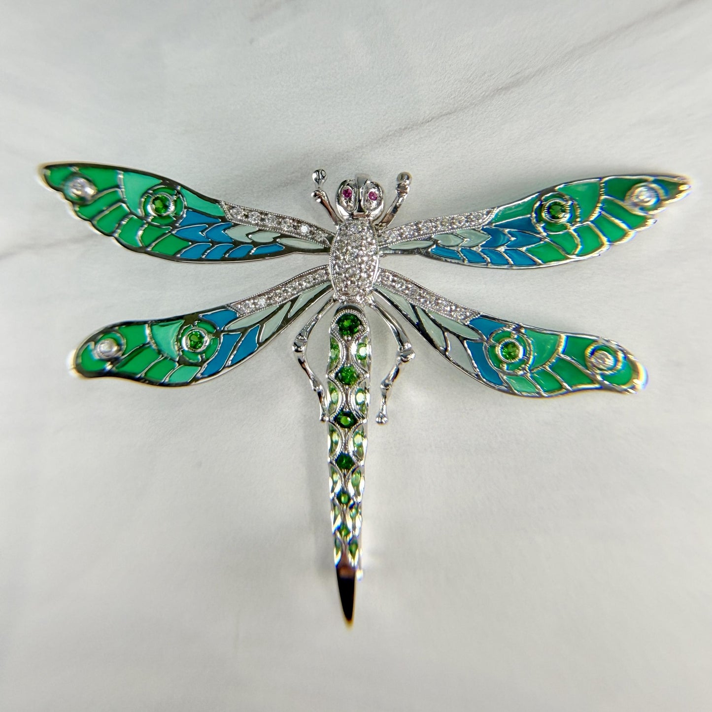 Dragonfly Brooch with Tsavorite and Diamonds and Rubies 18k White Gold
