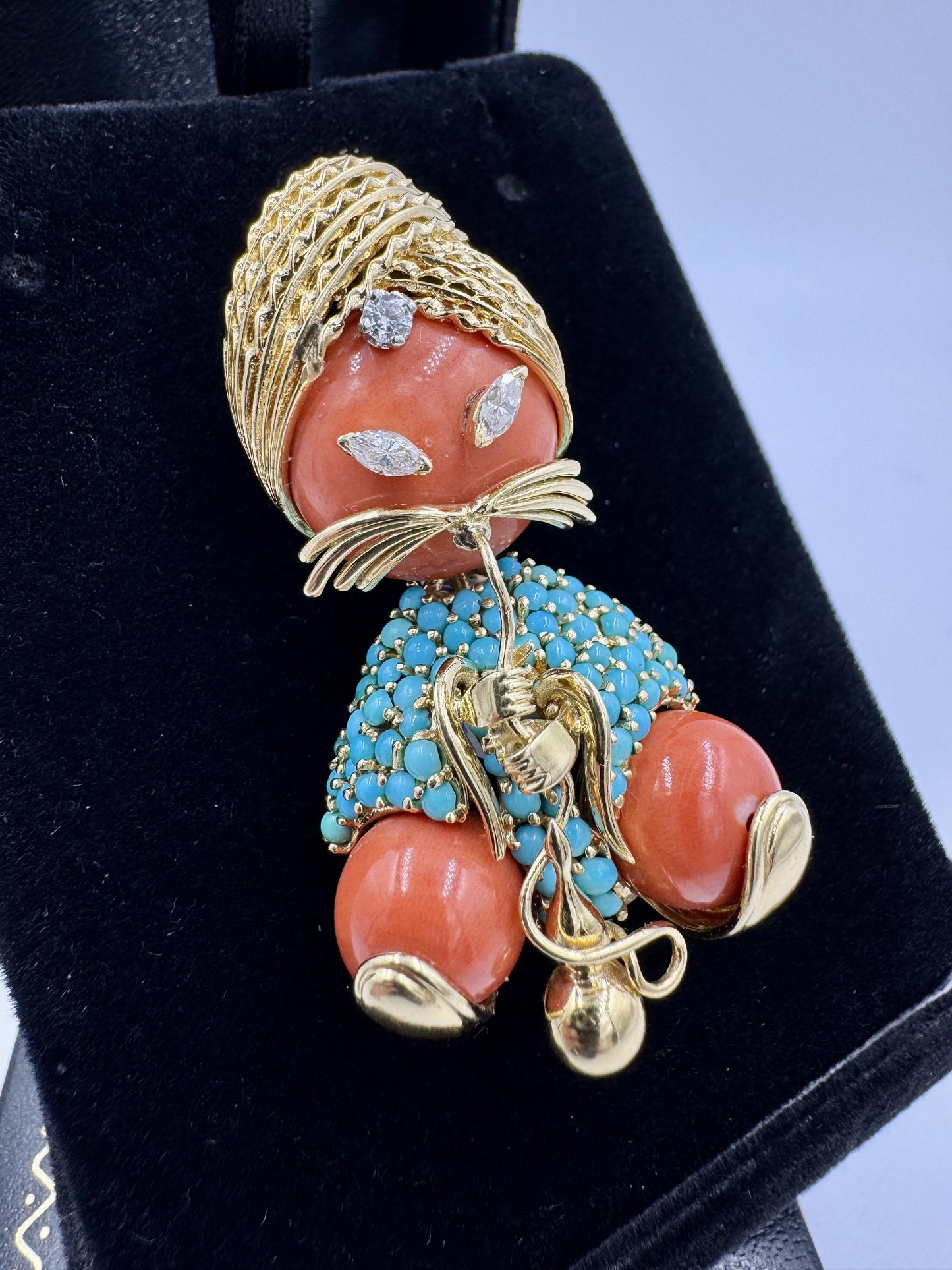 Dessin Parisian 18k Gold Swami Coral Turquoise Diamond Brooch Pin