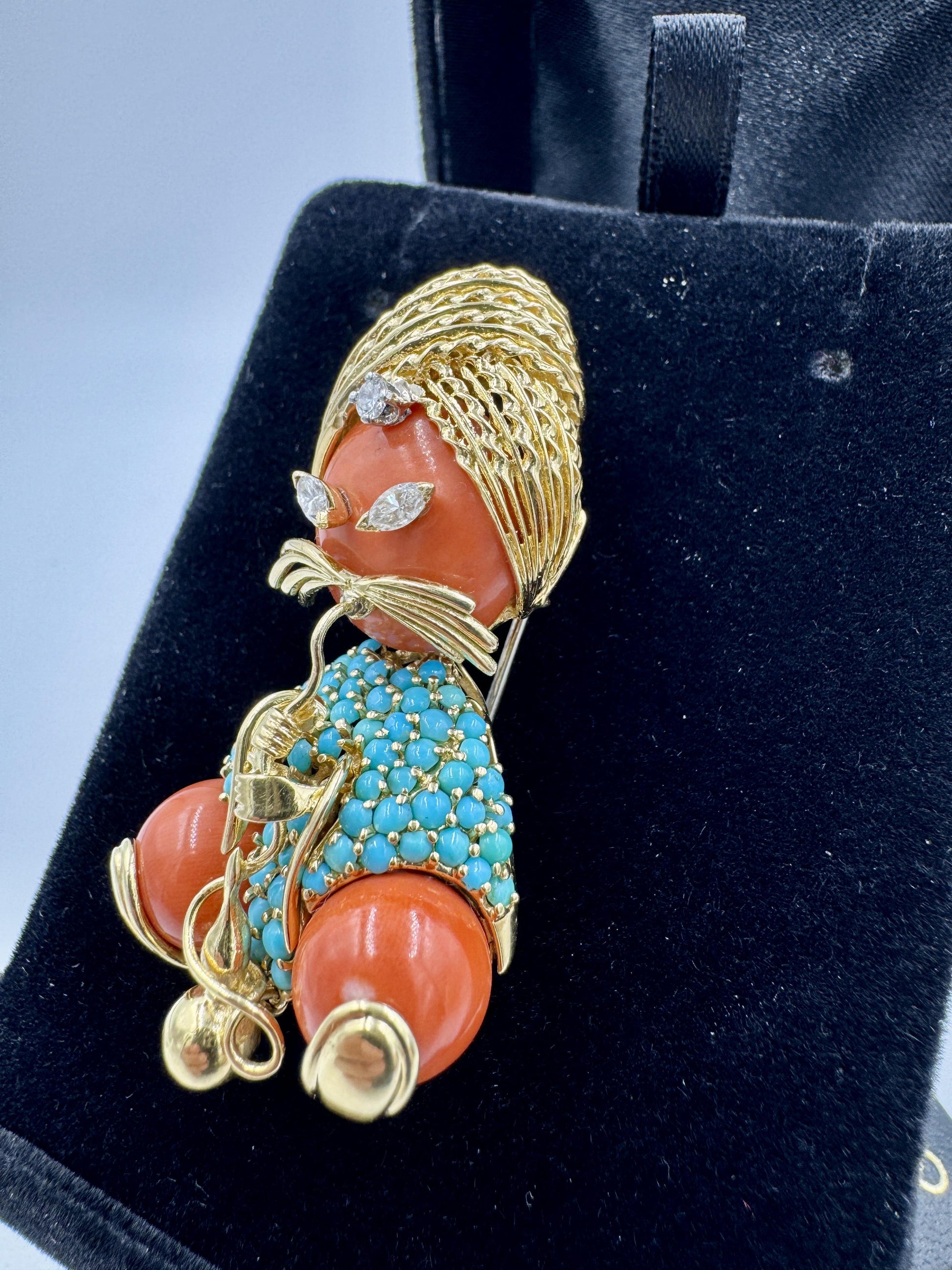 Dessin Parisian 18k Gold Swami Coral Turquoise Diamond Brooch Pin