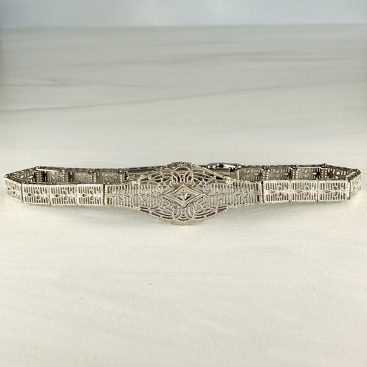 1930's Art Deco Filigree Bracelet made by Esemco 10k White Gold