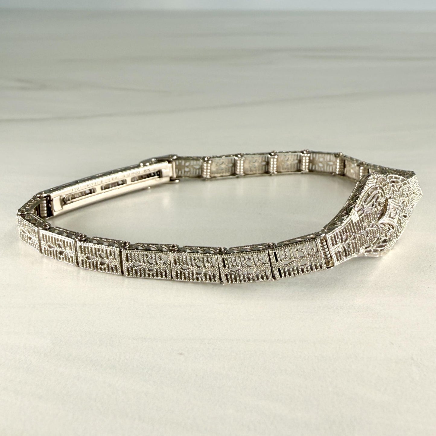 1930's Art Deco Filigree Bracelet made by Esemco 10k White Gold