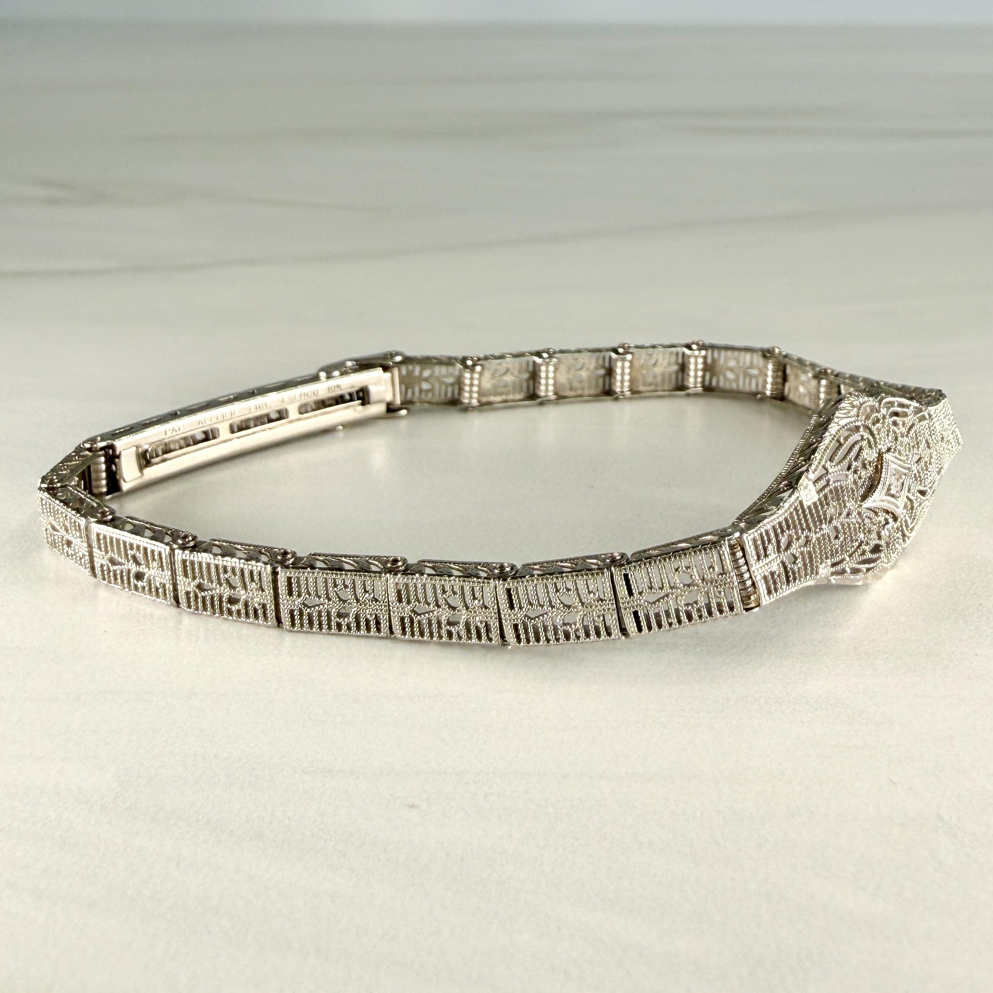 1930's Art Deco Filigree Bracelet made by Esemco 10k White Gold