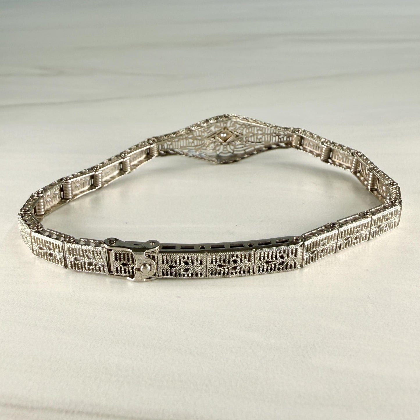 1930's Art Deco Filigree Bracelet made by Esemco 10k White Gold