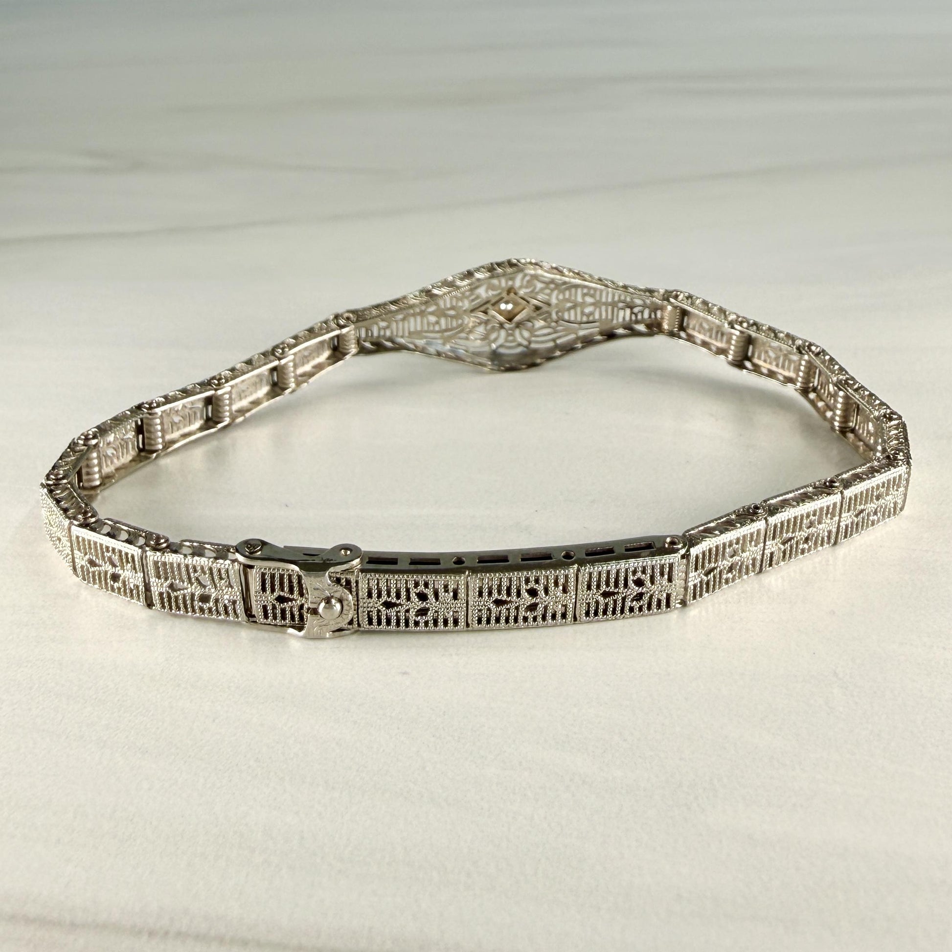 1930's Art Deco Filigree Bracelet made by Esemco 10k White Gold