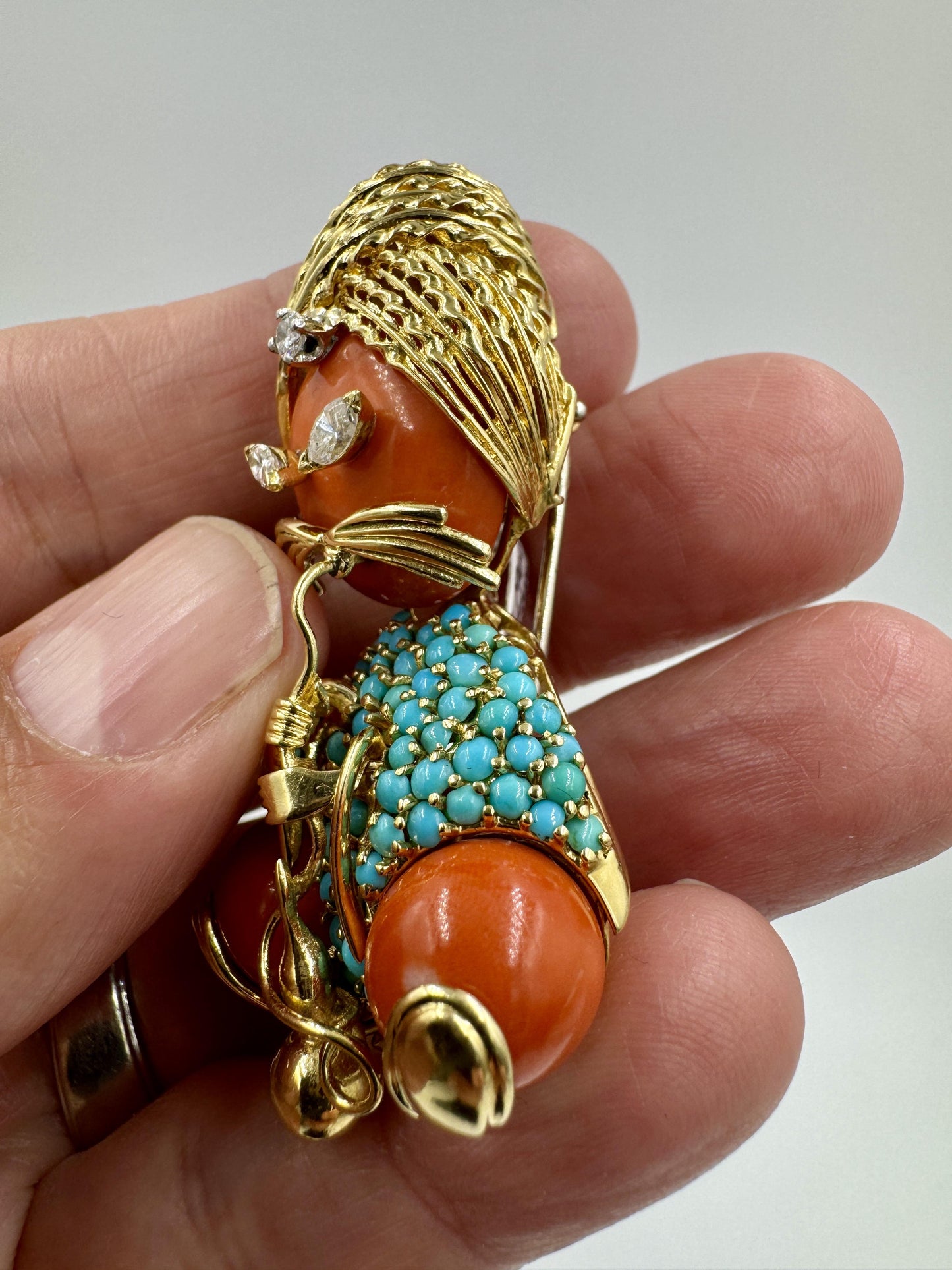 Dessin Parisian 18k Gold Swami Coral Turquoise Diamond Brooch Pin