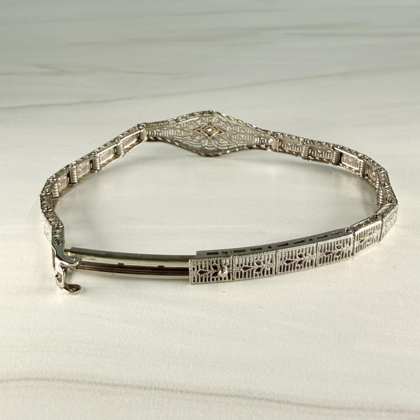 1930's Art Deco Filigree Bracelet made by Esemco 10k White Gold