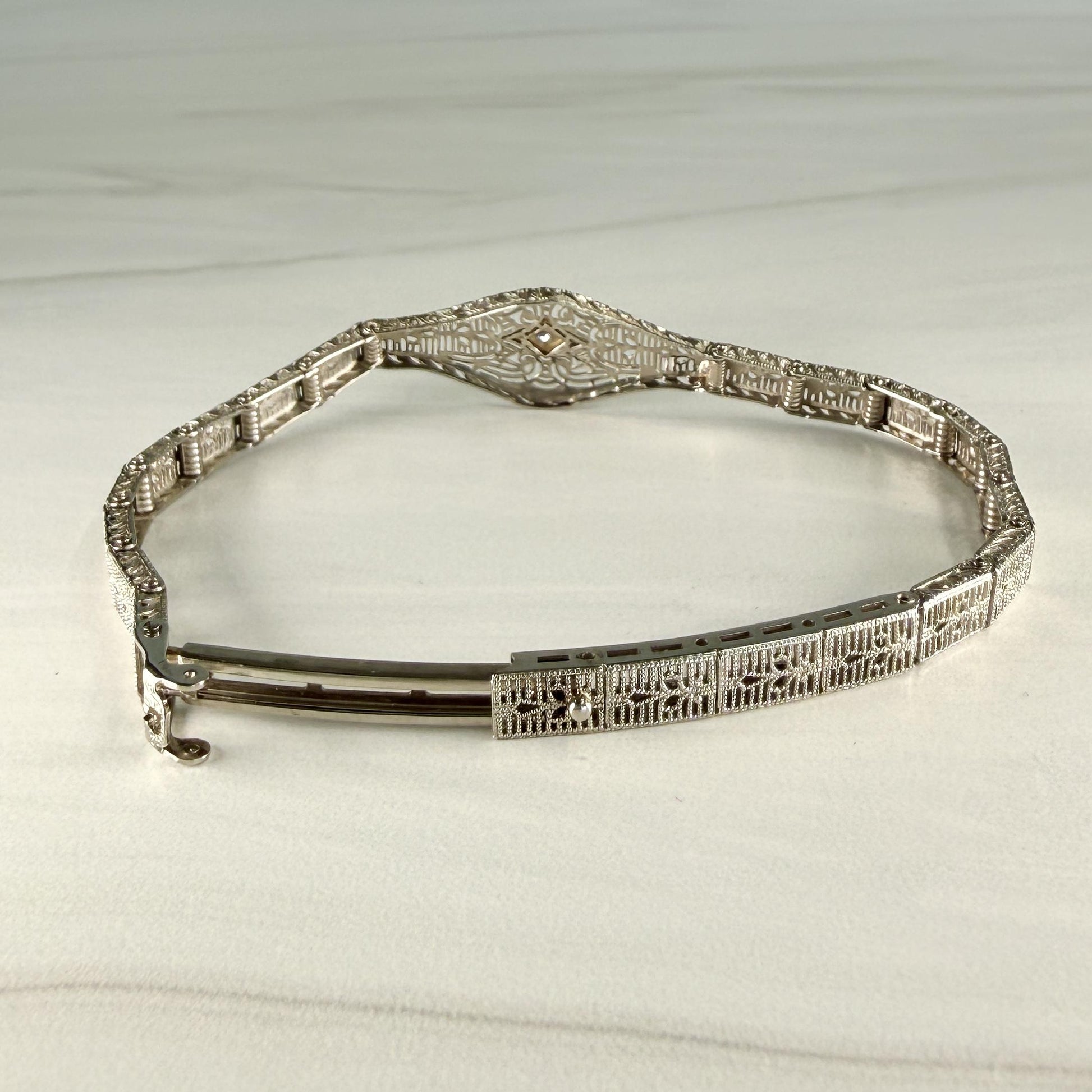 1930's Art Deco Filigree Bracelet made by Esemco 10k White Gold