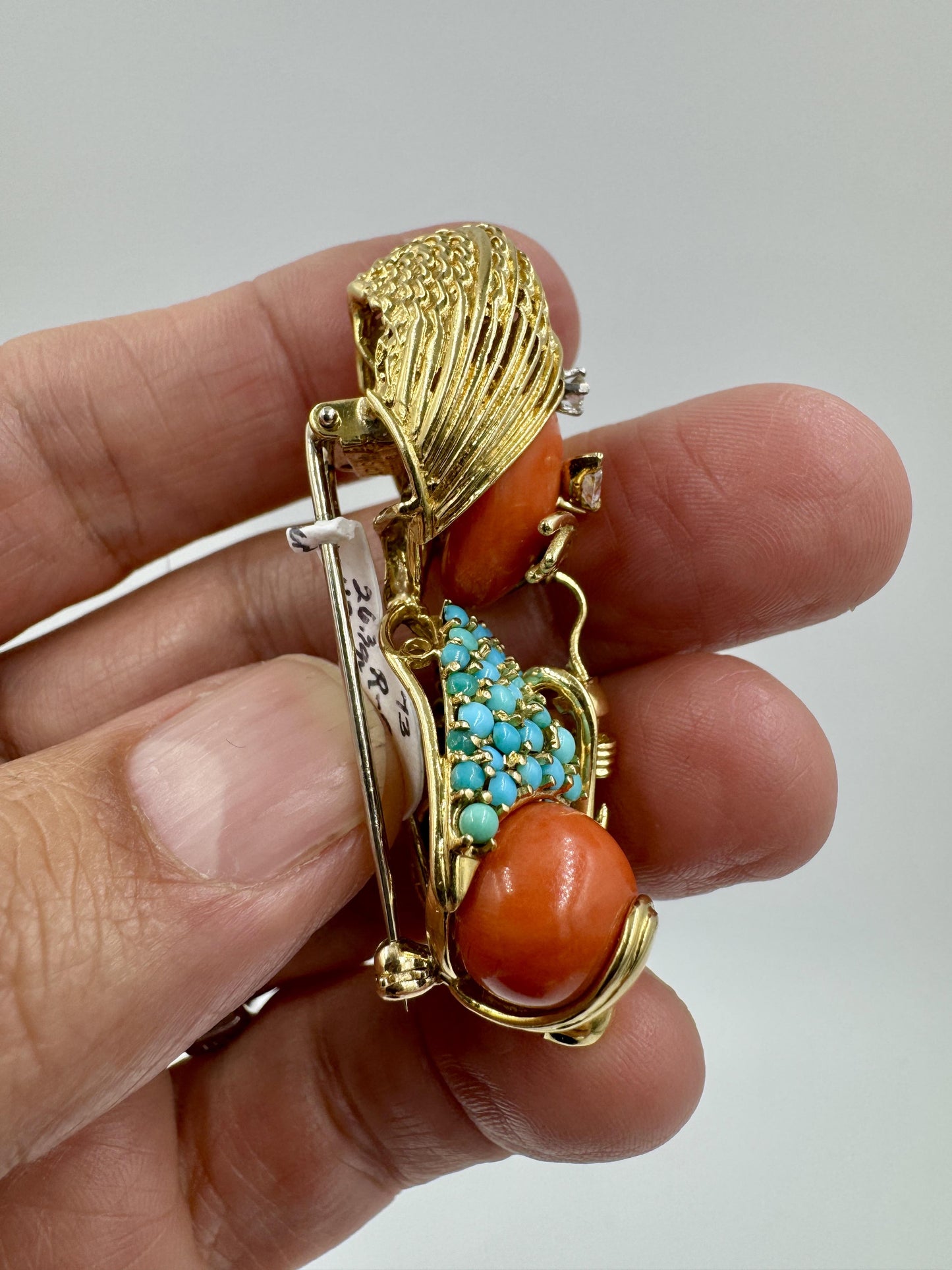 Dessin Parisian 18k Gold Swami Coral Turquoise Diamond Brooch Pin