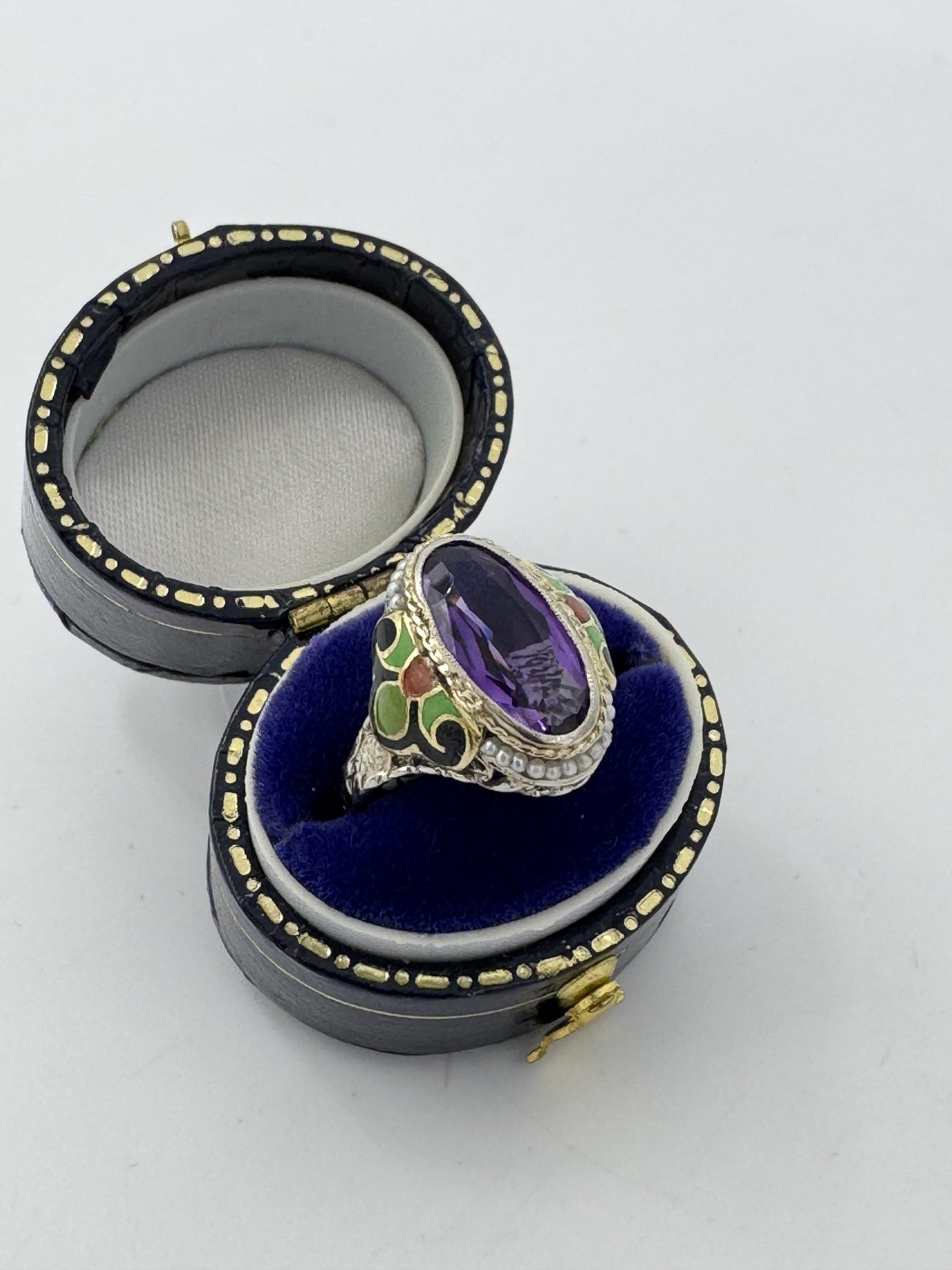 Art Deco 14k Gold Amethyst Enamel Filigree Ring