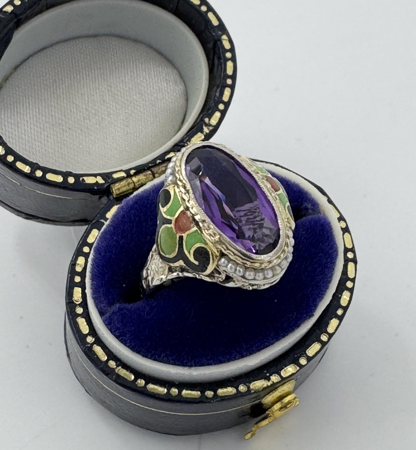 Art Deco 14k Gold Amethyst Enamel Filigree Ring