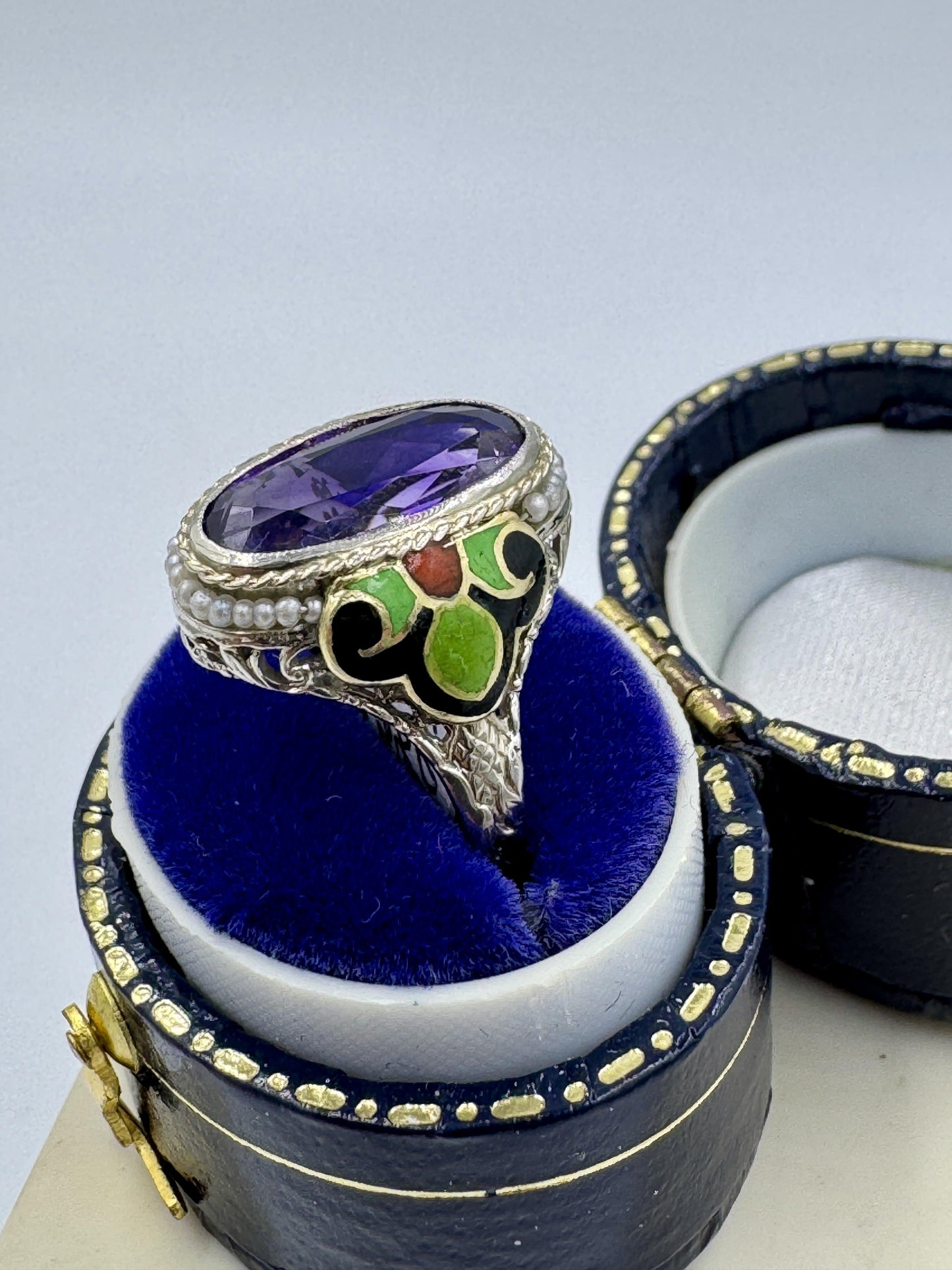 Art Deco 14k Gold Amethyst Enamel Filigree Ring