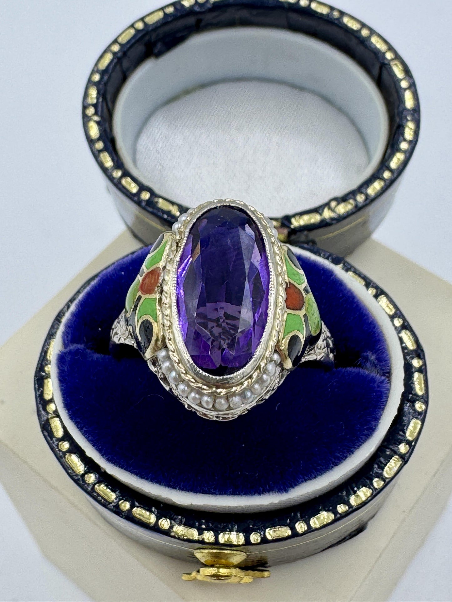 Art Deco 14k Gold Amethyst Enamel Filigree Ring