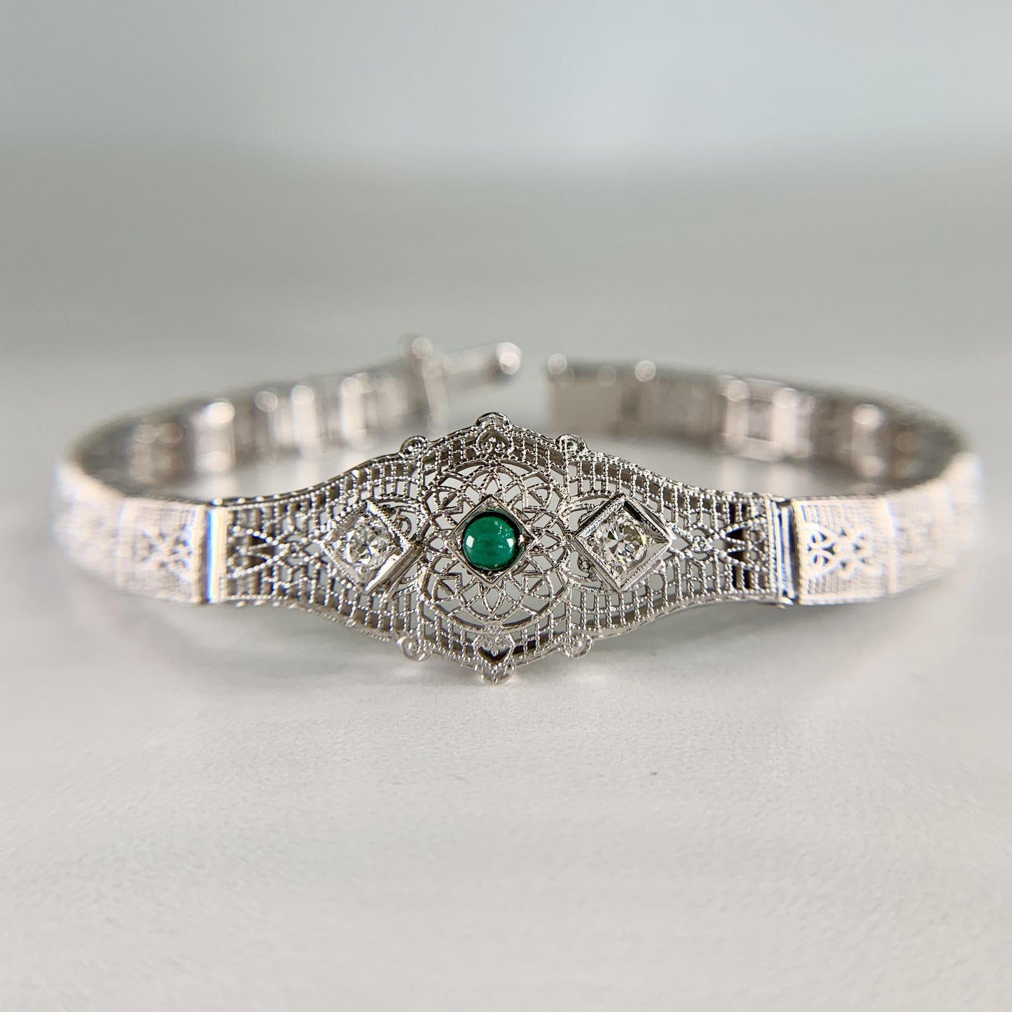 1930's Art Deco Filigree Turquoise and Old European Diamond Bracelet 14k WG