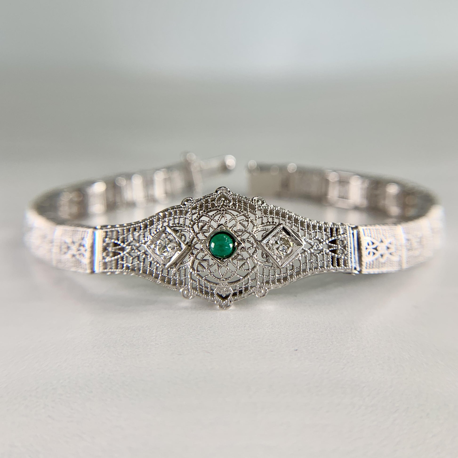 1930's Art Deco Filigree Turquoise and Old European Diamond Bracelet 14k WG