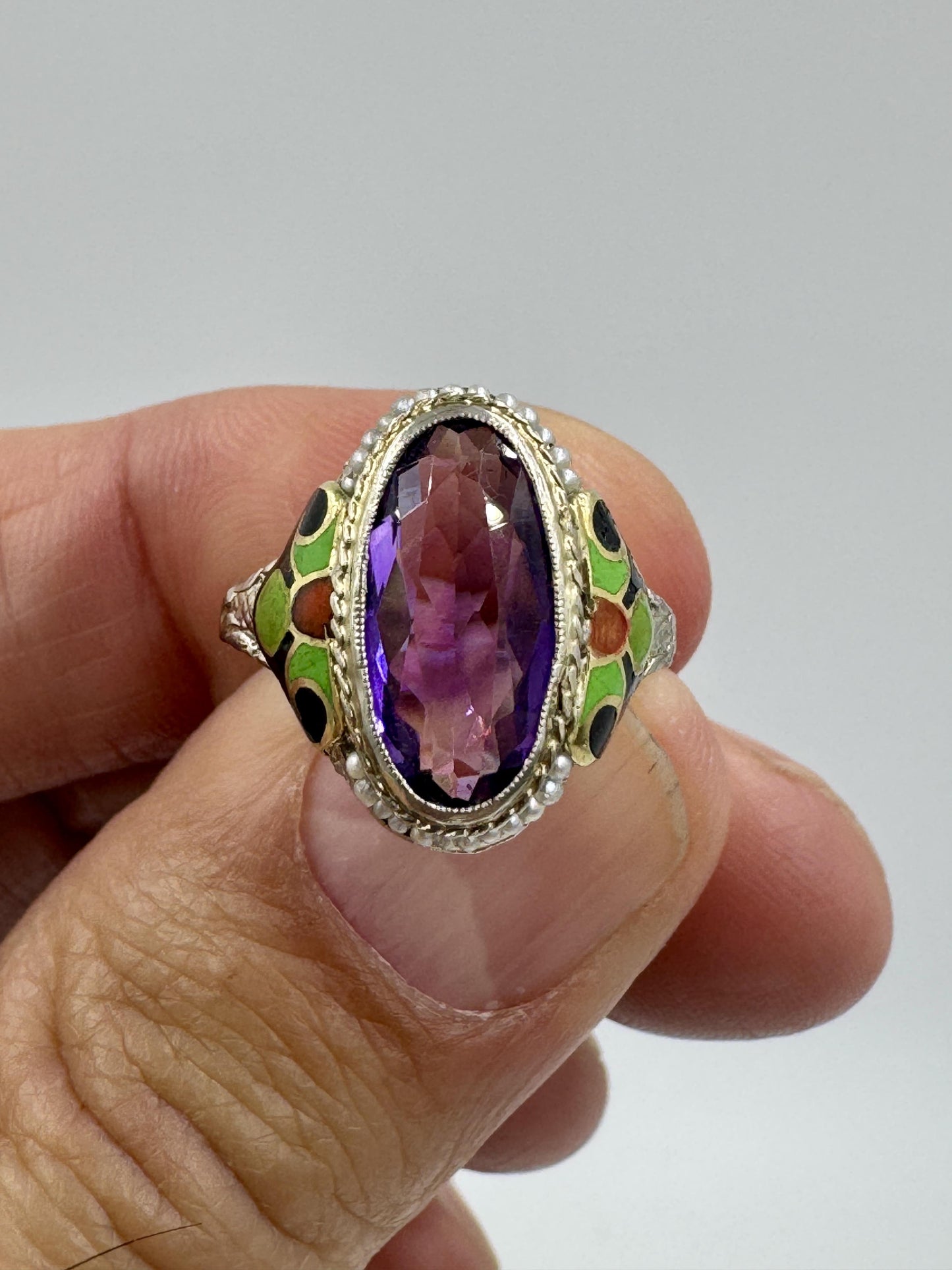 Art Deco 14k Gold Amethyst Enamel Filigree Ring