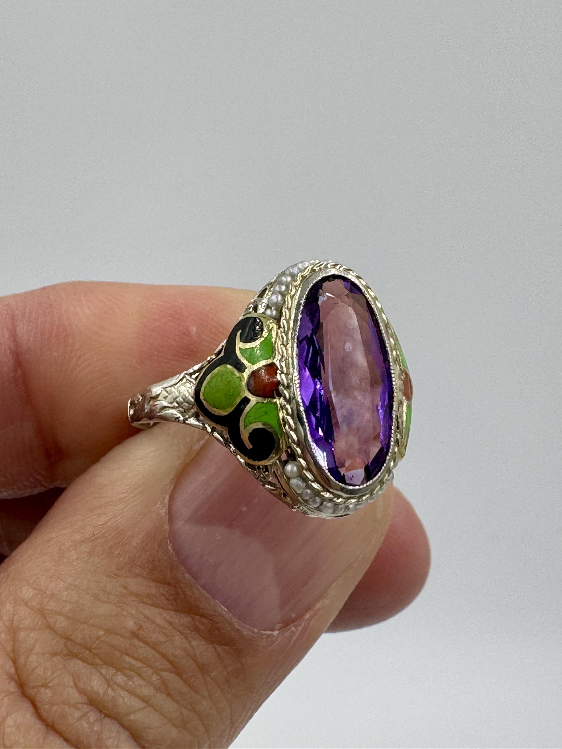 Art Deco 14k Gold Amethyst Enamel Filigree Ring