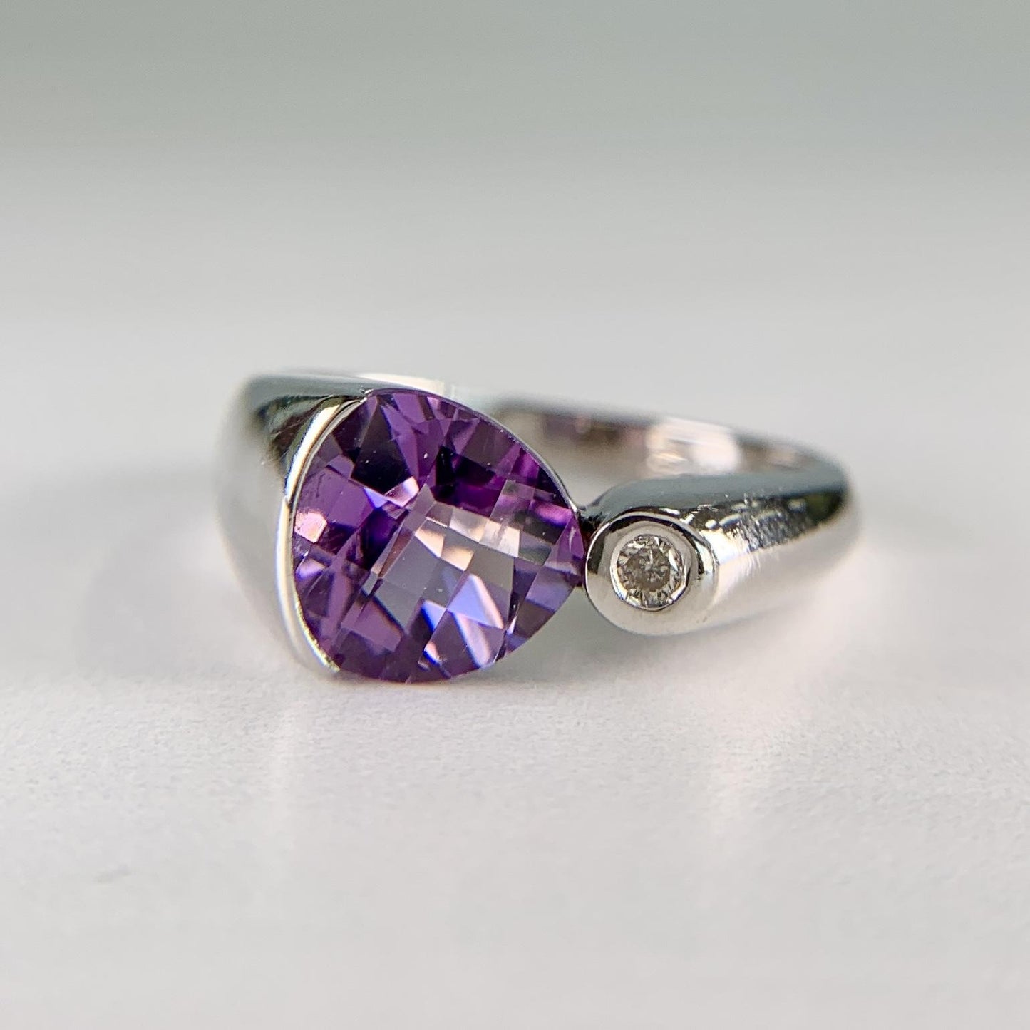 Checkerboard Cut Amethyst and Diamond Ring 14k White Gold