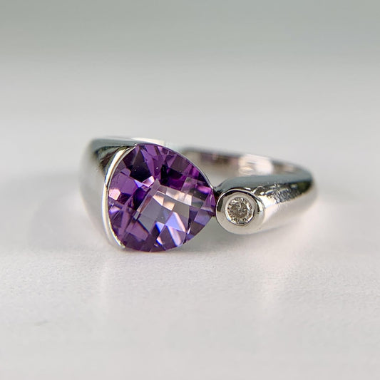 Checkerboard Cut Amethyst and Diamond Ring 14k White Gold