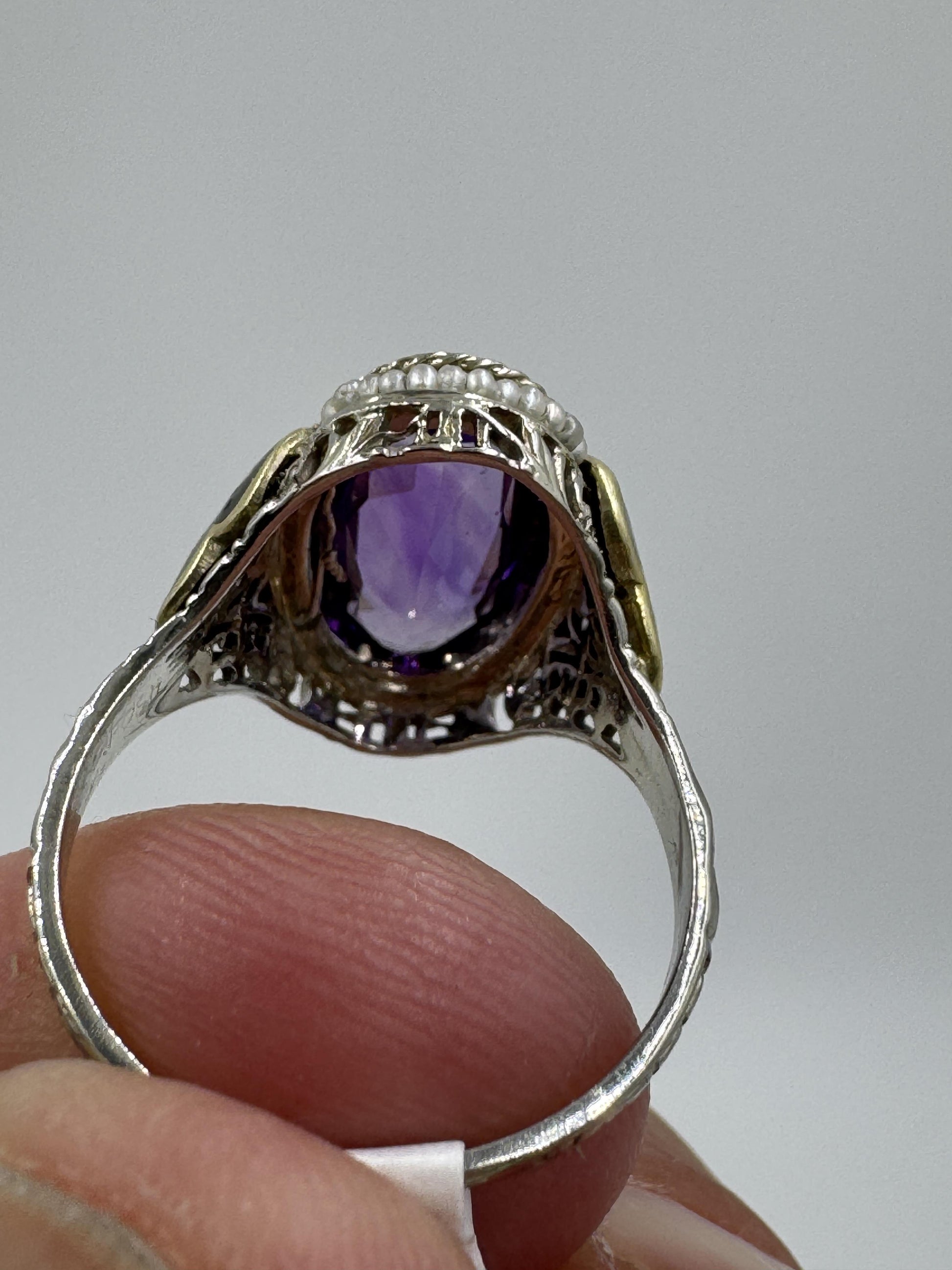 Art Deco 14k Gold Amethyst Enamel Filigree Ring