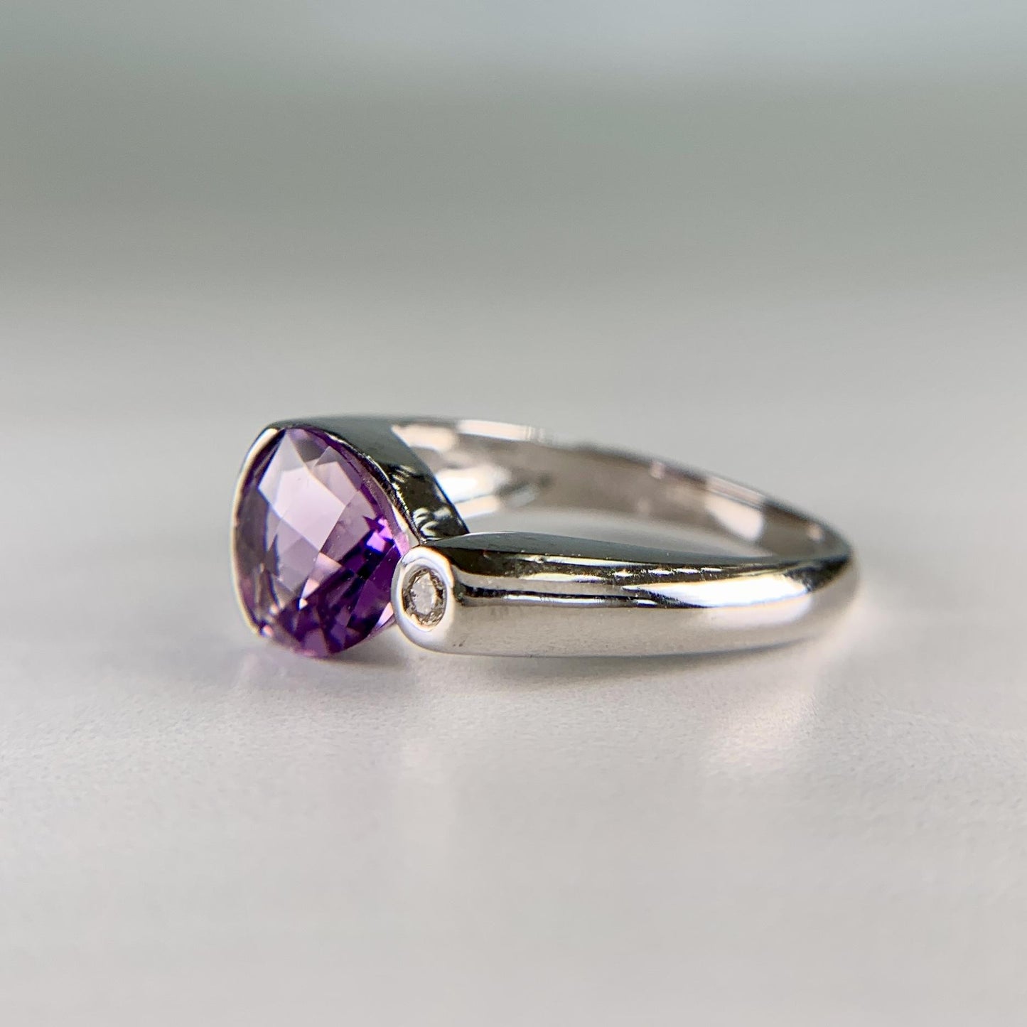 Checkerboard Cut Amethyst and Diamond Ring 14k White Gold