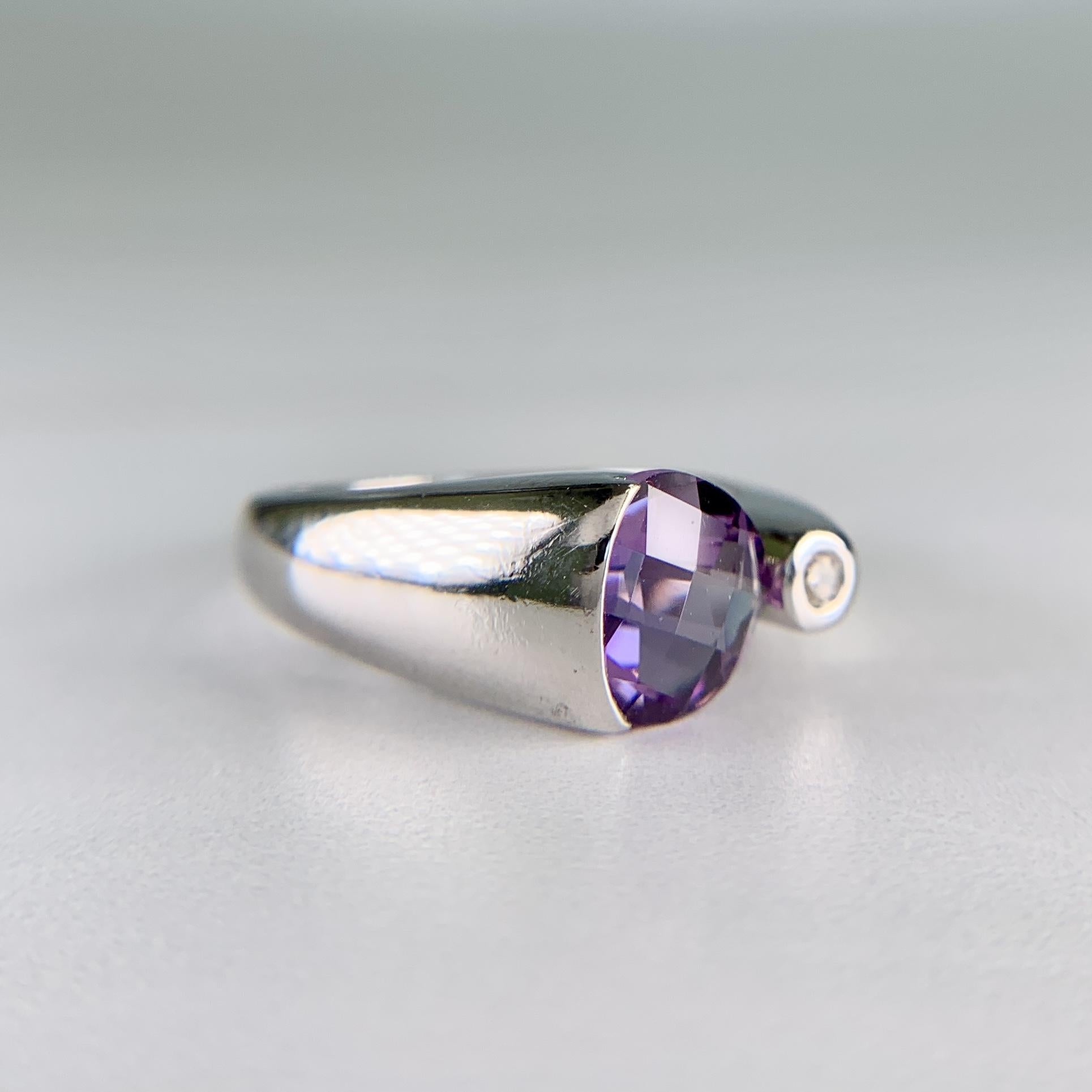 Checkerboard Cut Amethyst and Diamond Ring 14k White Gold
