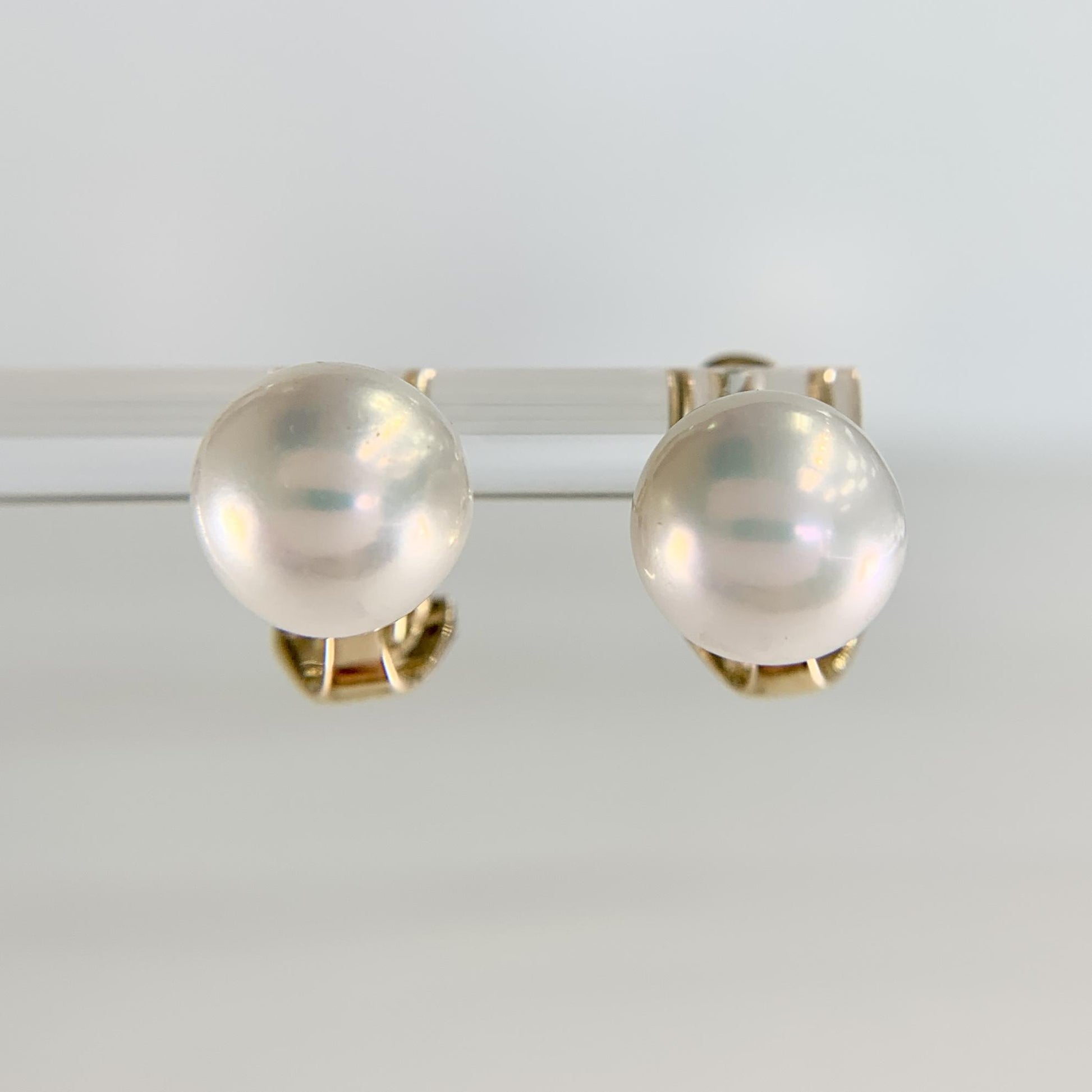 9mm White Akoya Cultured Pearl Omega Back Earrings 14k Yellow Gold