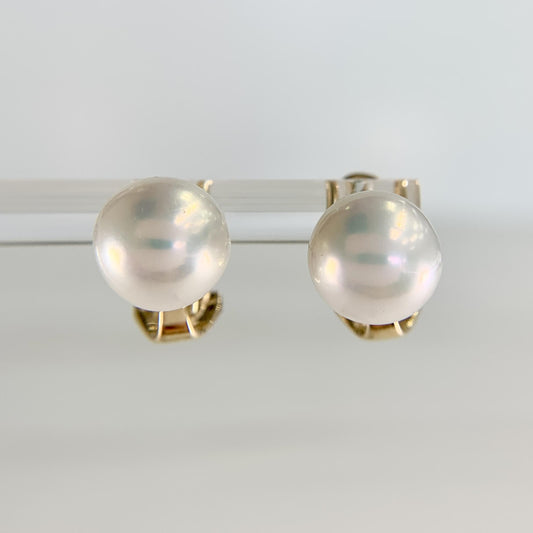 9mm White Akoya Cultured Pearl Omega Back Earrings 14k Yellow Gold