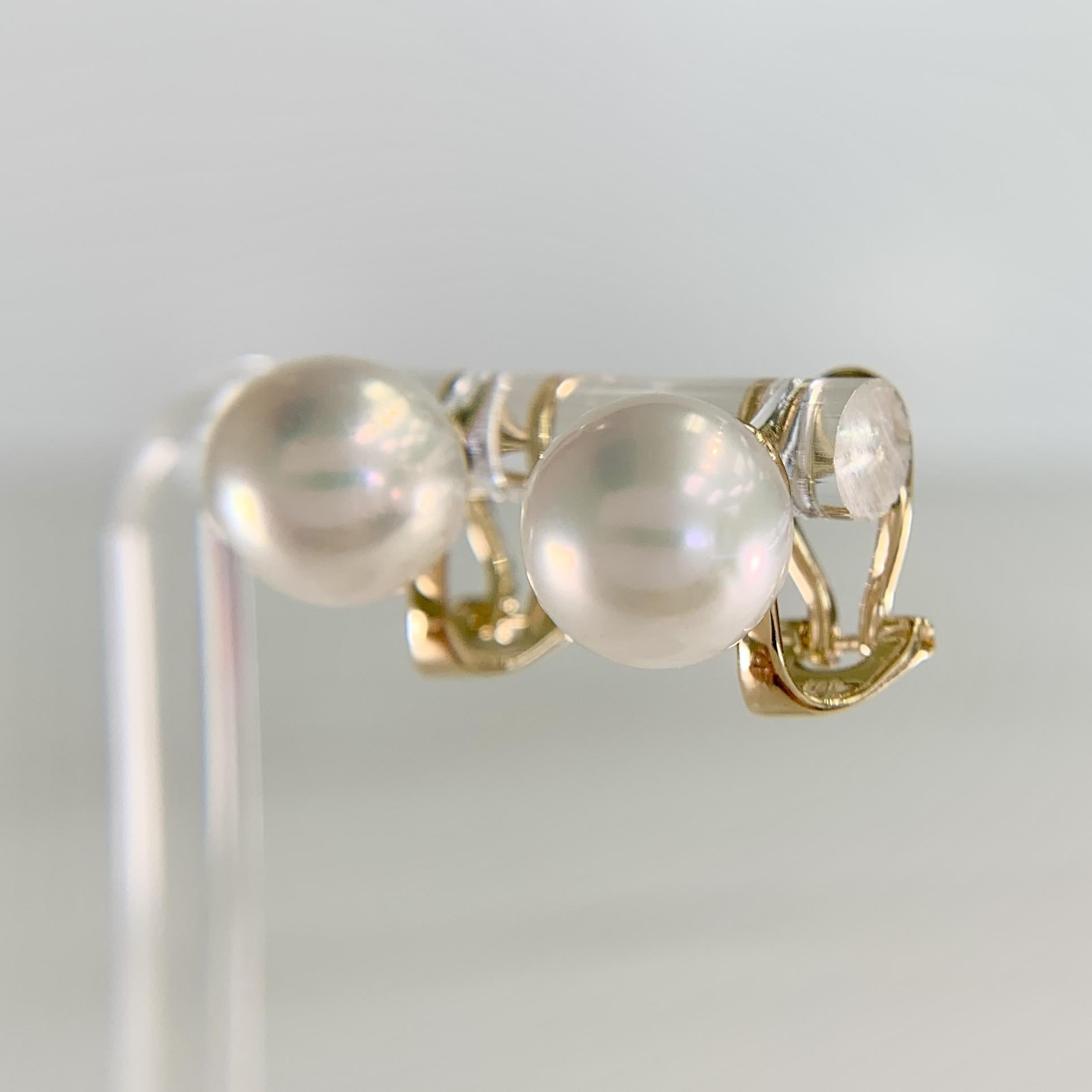 9mm White Akoya Cultured Pearl Omega Back Earrings 14k Yellow Gold