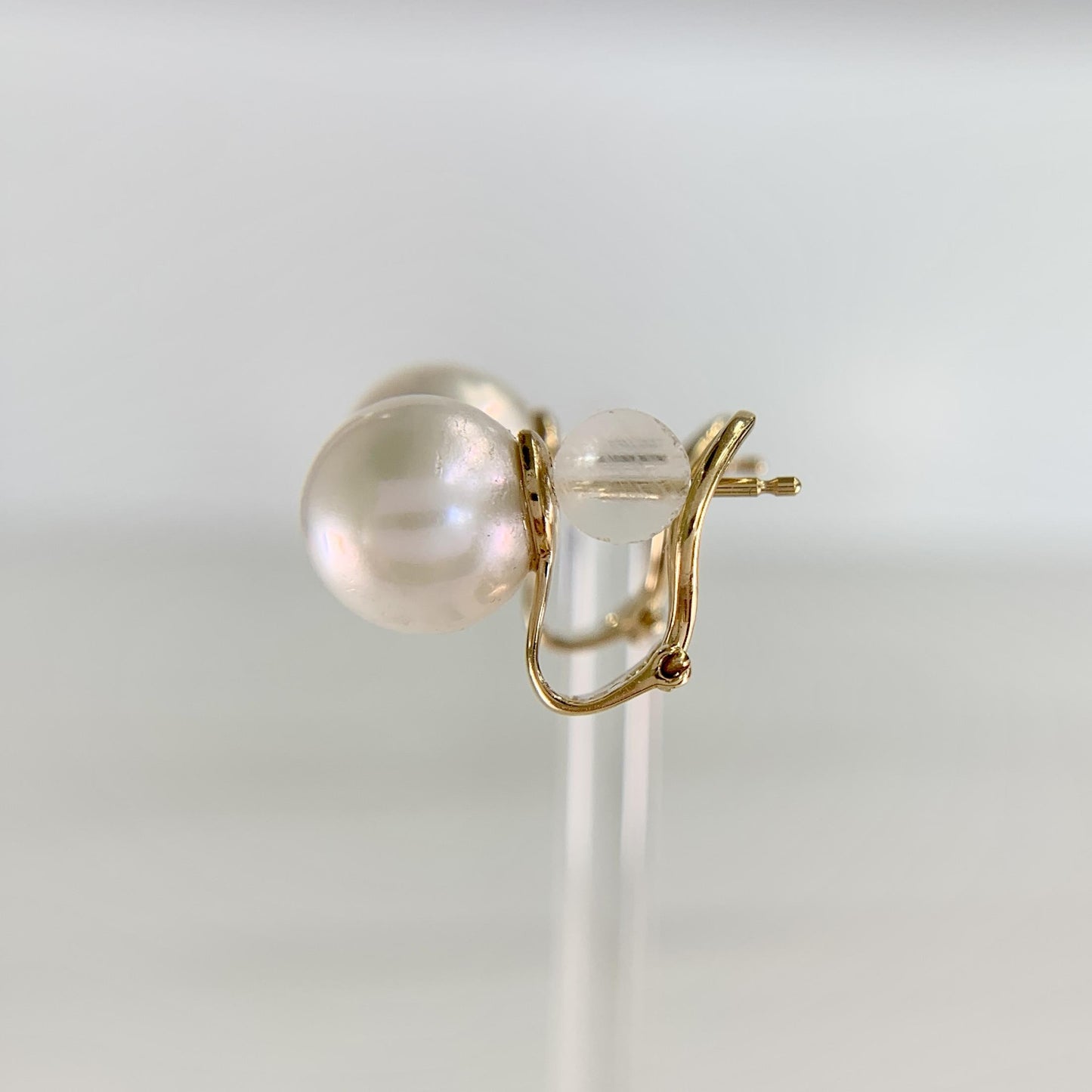 9mm White Akoya Cultured Pearl Omega Back Earrings 14k Yellow Gold